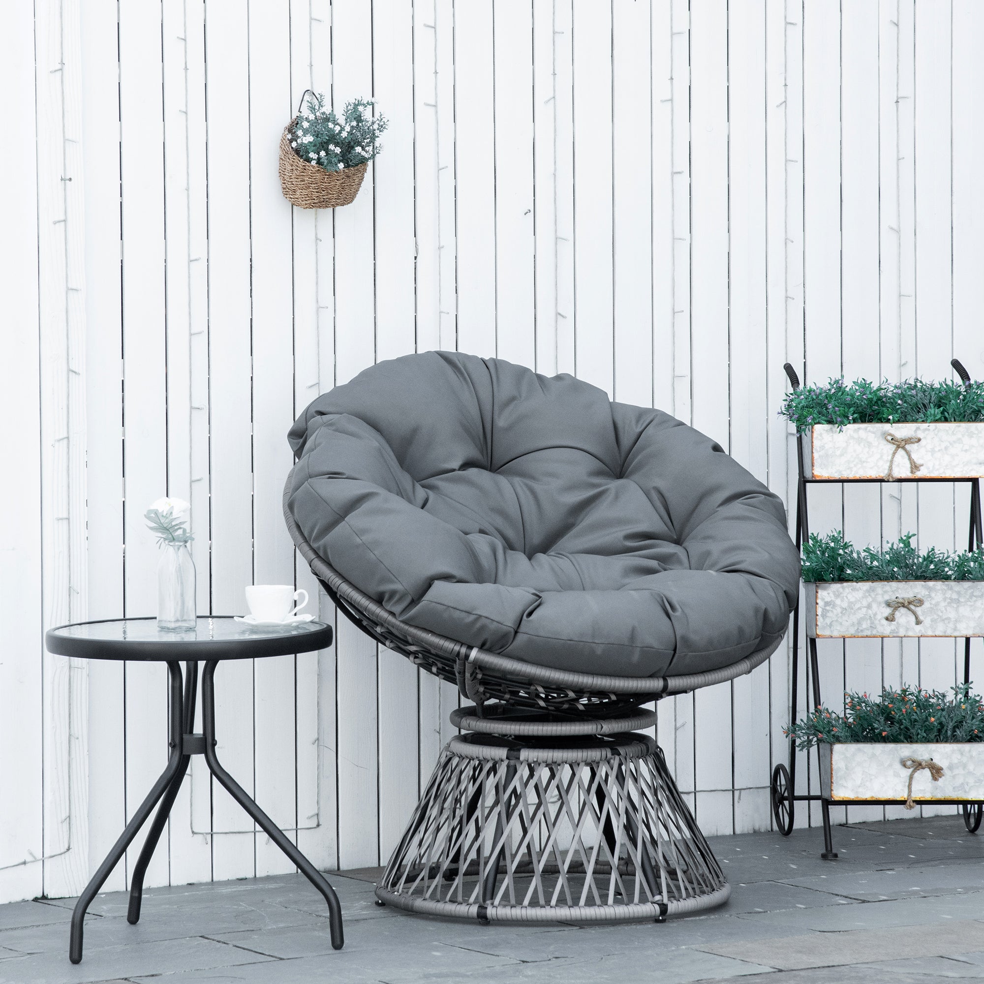 360° Swivel Oversized Rattan Papasan Moon Bowl Lounge Chair with Padded Cushion - Grey