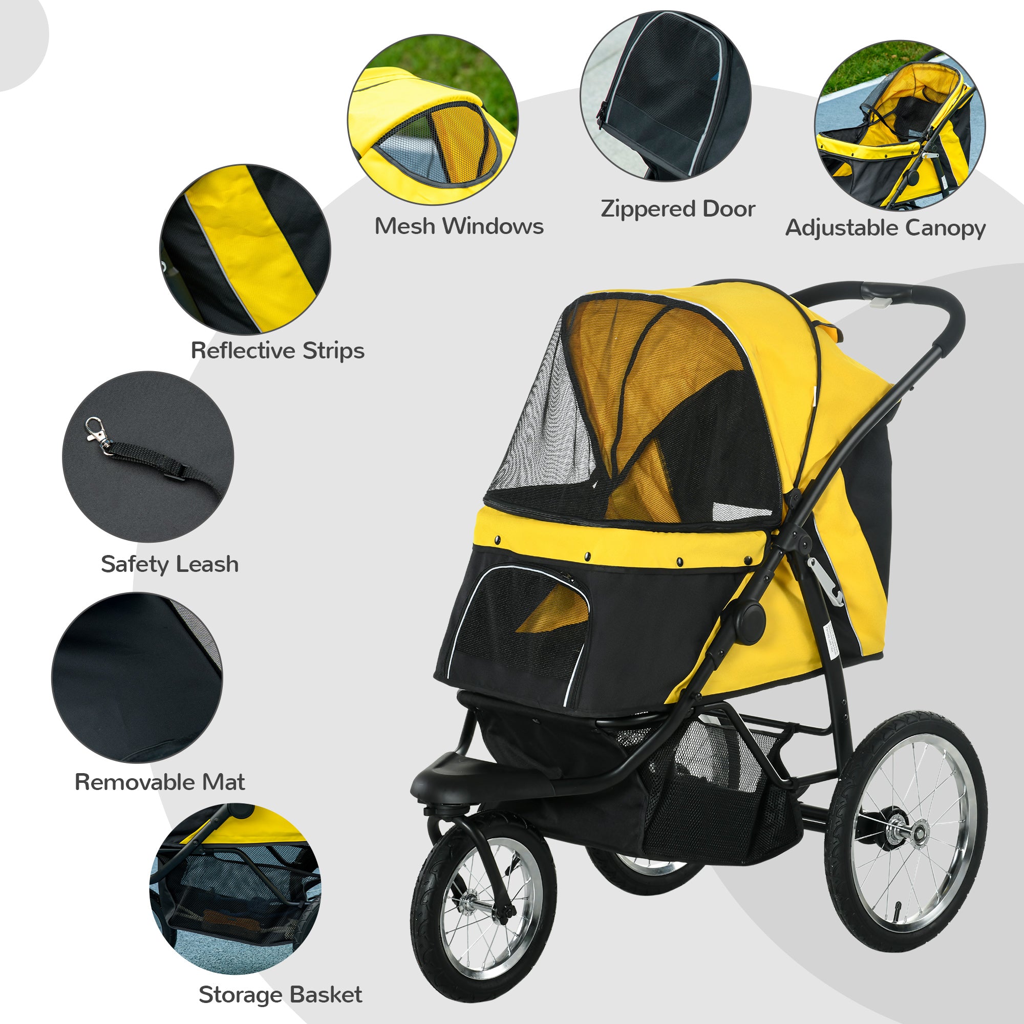 Pet Stroller Jogger for Medium, Small Dogs, Foldable Cat Pram Dog Pushchair w/ Adjustable Canopy, 3 Big Wheels - Yellow