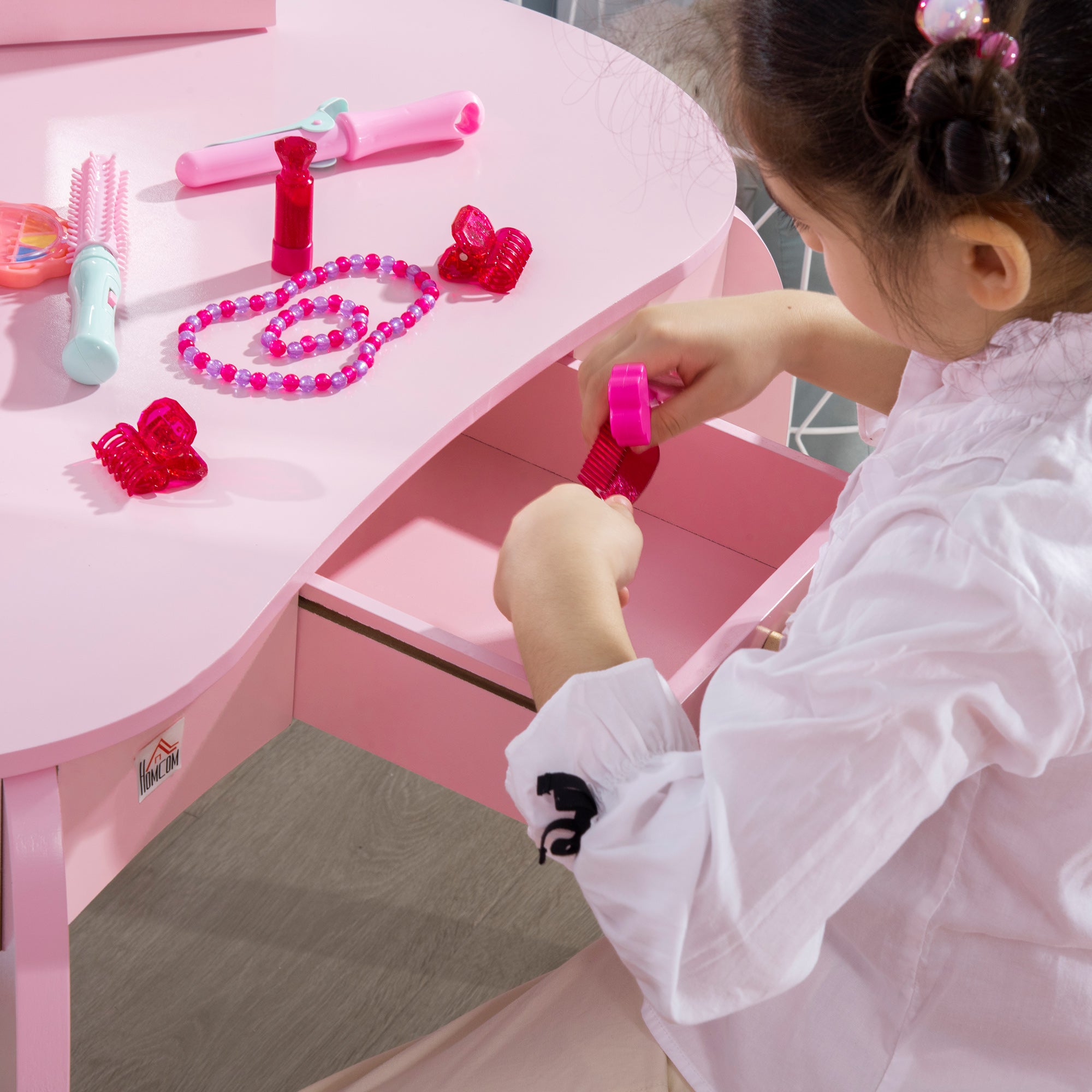 Kids Dressing Table with Mirror and Stool, Kids Vanity Set, Girl Makeup Desk with Rotatable Mirrors and Drawer, Pink