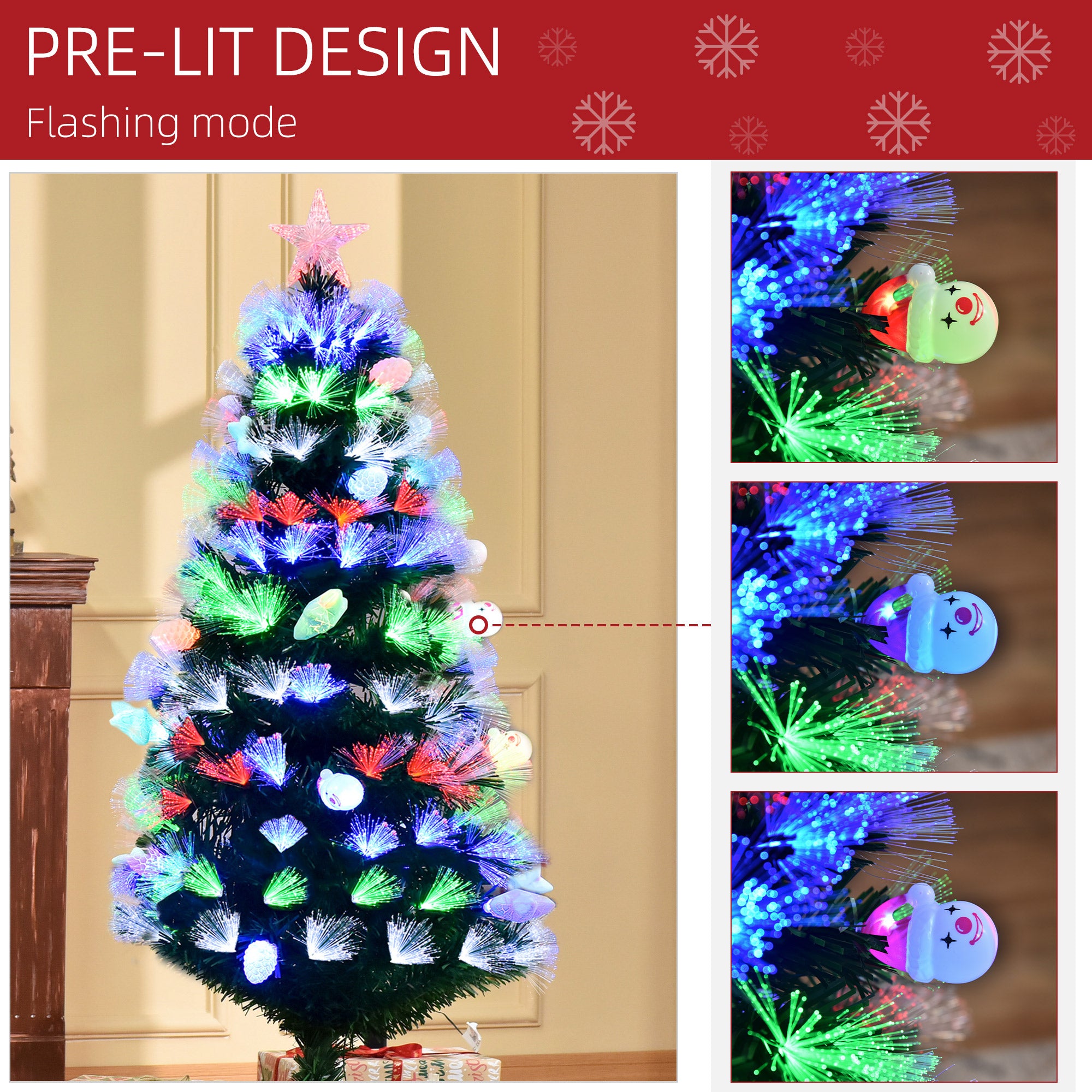 5FT Pre-Lit Artificial Christmas Tree w/ Fibre Optic Baubles Fitted Star LED Light Holiday Home Xmas Decoration-Green