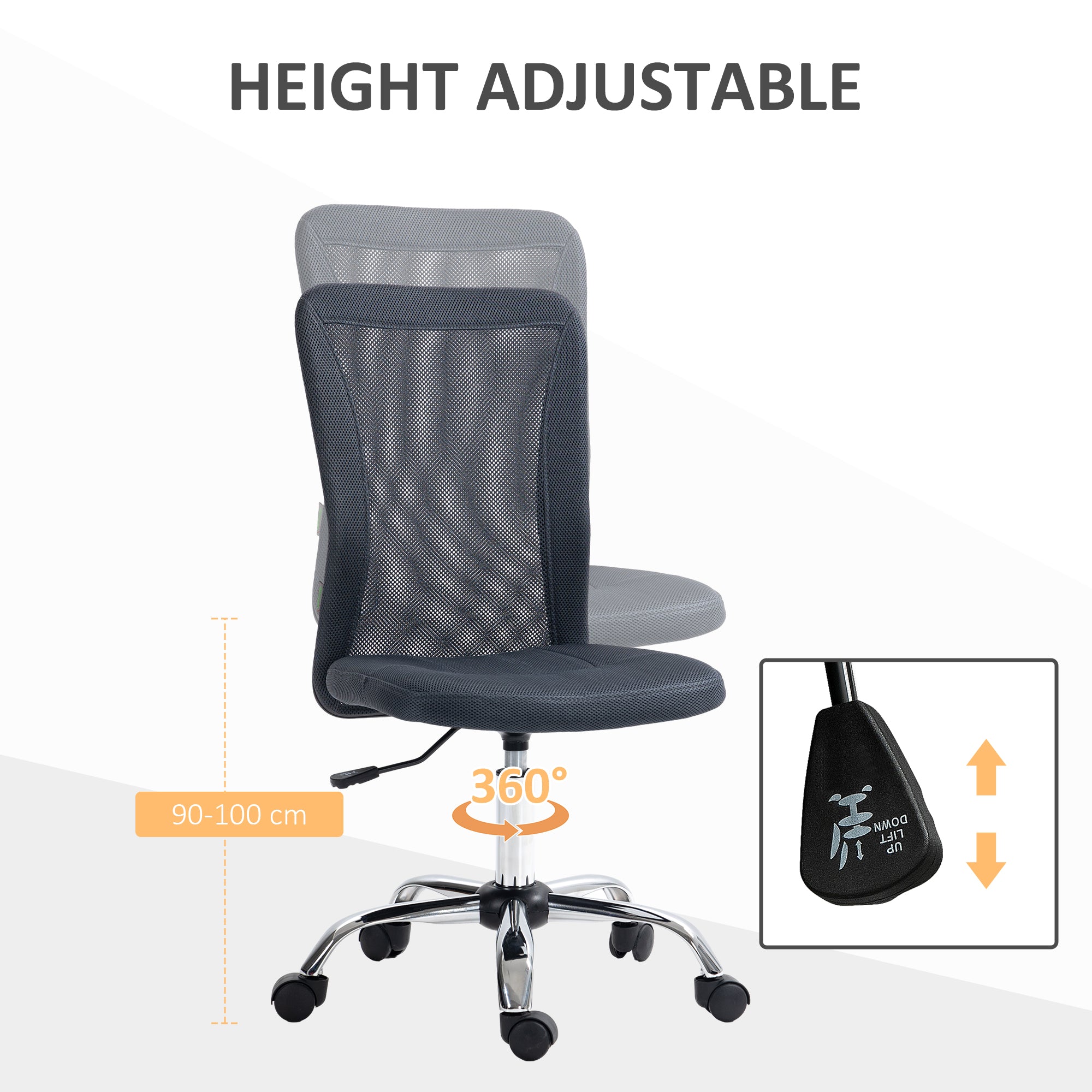 Computer Desk Chair, Mesh Office Chair with Adjustable Height and Swivel Wheels, Armless Study Chair, Dark Grey