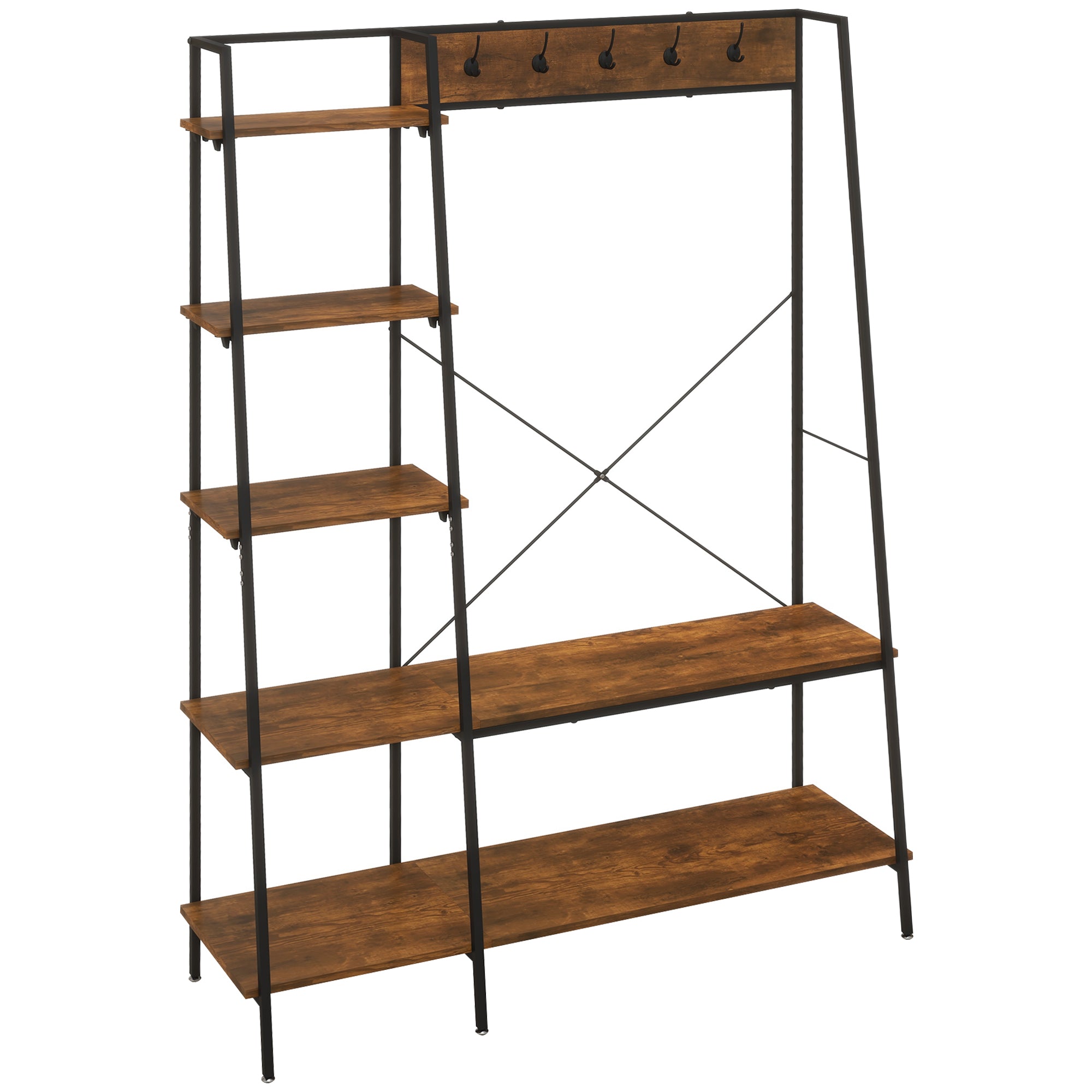 Hallway Unit, Free Standing Hall Tree w/ 2 Tier Shoe Rack, 5 Hooks, 5 Side Shelves & Steel Frame, Industrial Design, Brown, 117 x 38 x 169cm