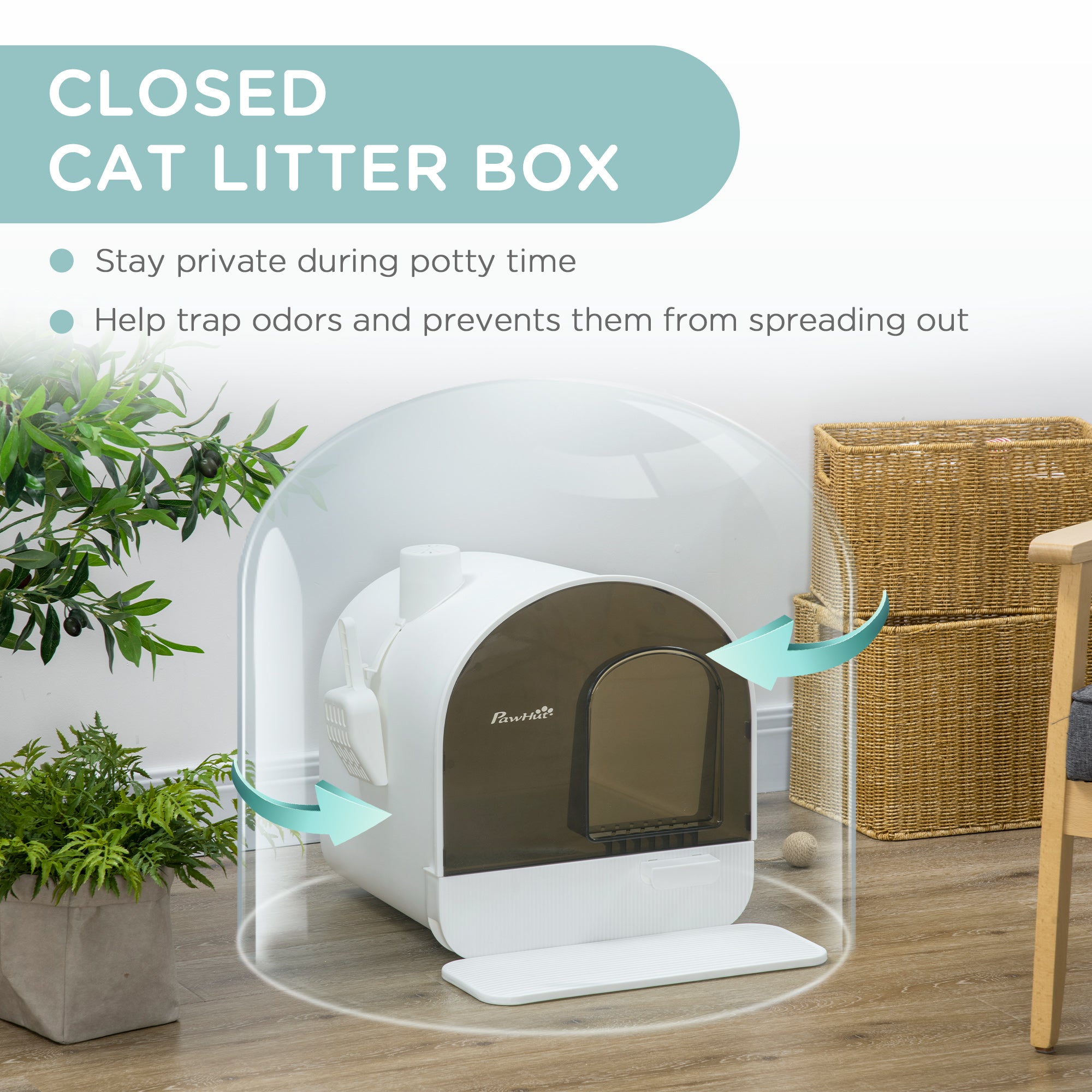 Hooded Cat Litter Box with Lid, Scoop, Filter & Flap Door for Kittens - White