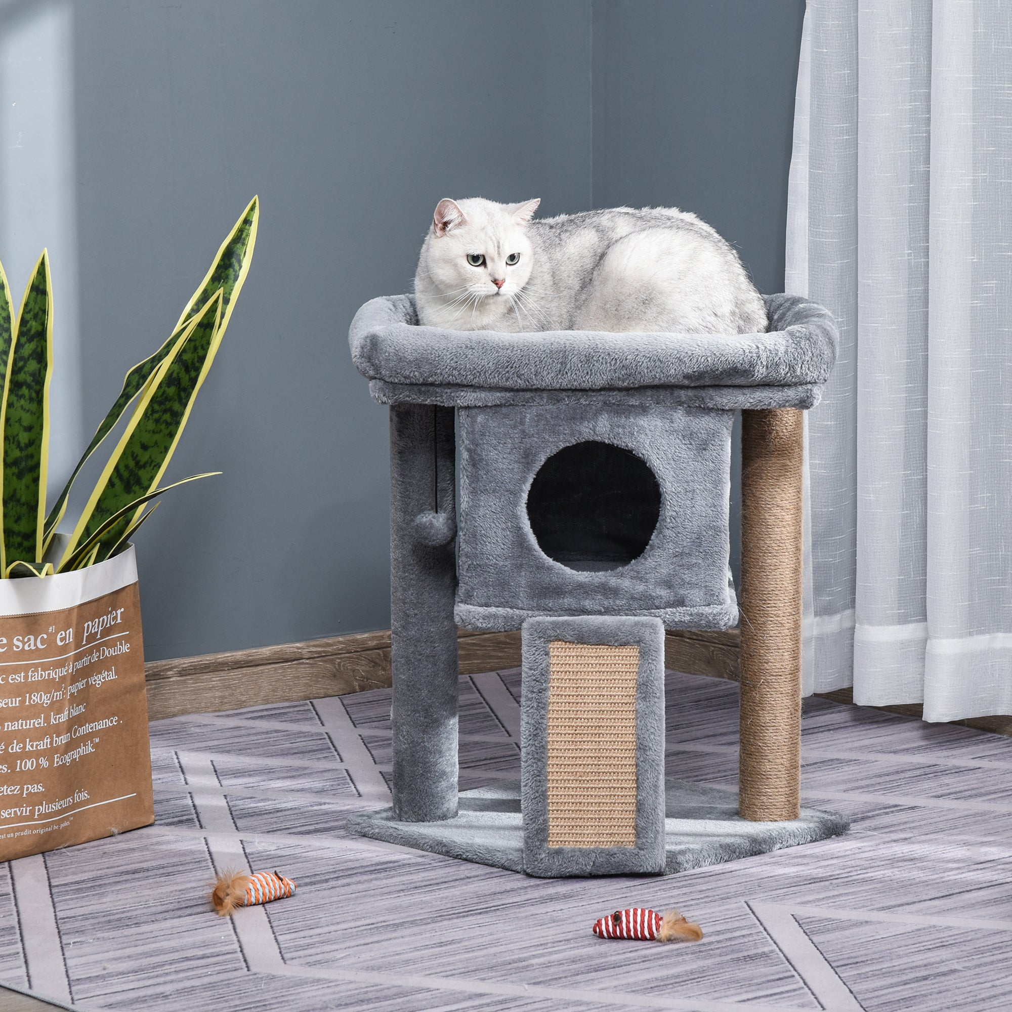 Cat Tree Tower for Indoor Cats Climbing Activity Center Kitten Furniture with Jute Scratching Pad Ball Toy Condo Perch Bed 40 x 40 x 57cm Grey