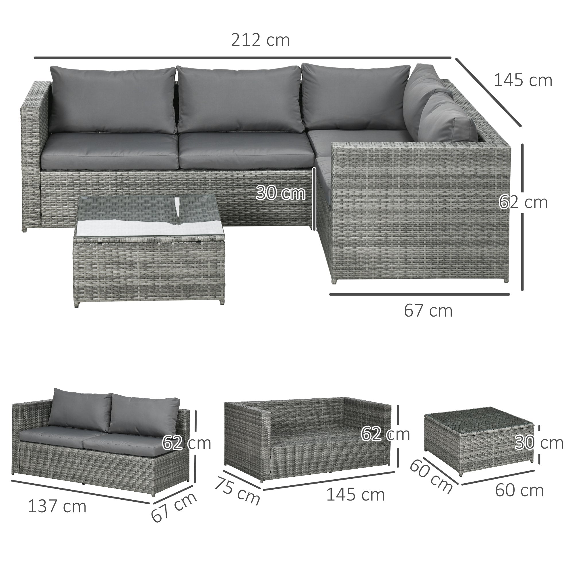 4-Seater Rattan Garden Furniture Outdoor Patio Corner Sofa Chair Set with Coffee Table Thick Cushions, Grey