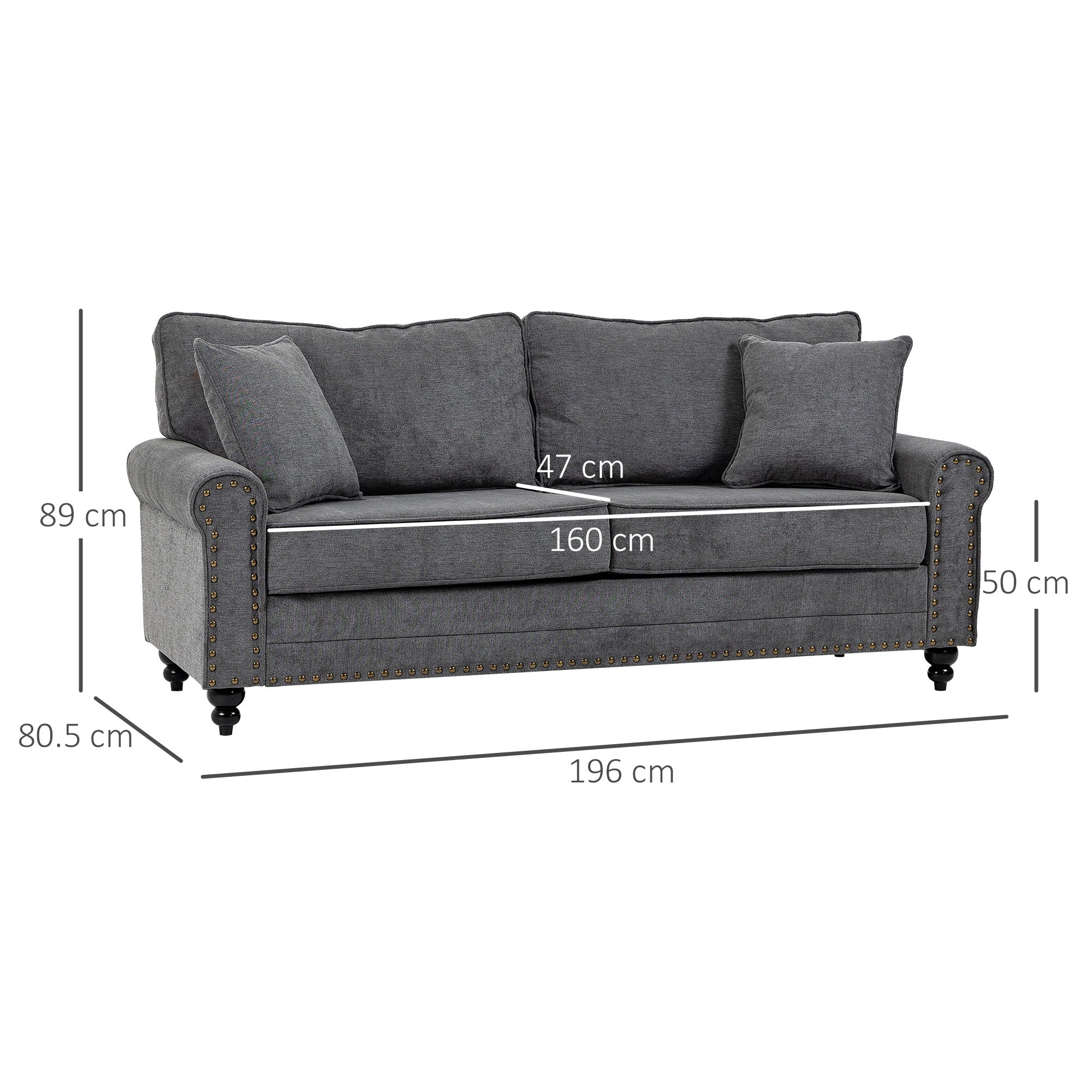 2 Seater Fabric Sofa with Nailhead Trim and Cushions Loveseat - Grey
