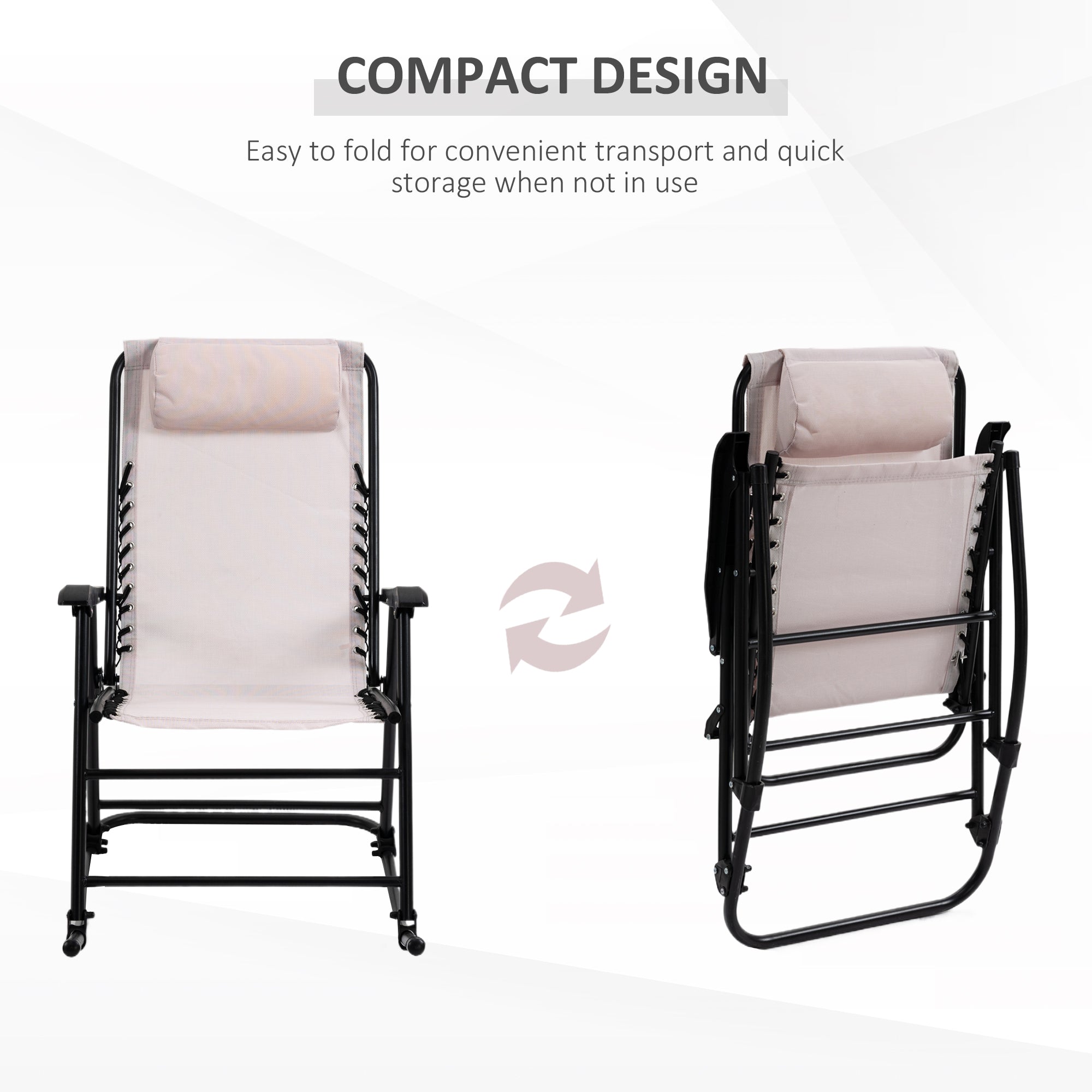 Garden Rocking Chair Folding Outdoor Adjustable Rocker Zero-Gravity Seat with Headrest Camping Fishing Patio Deck - Beige