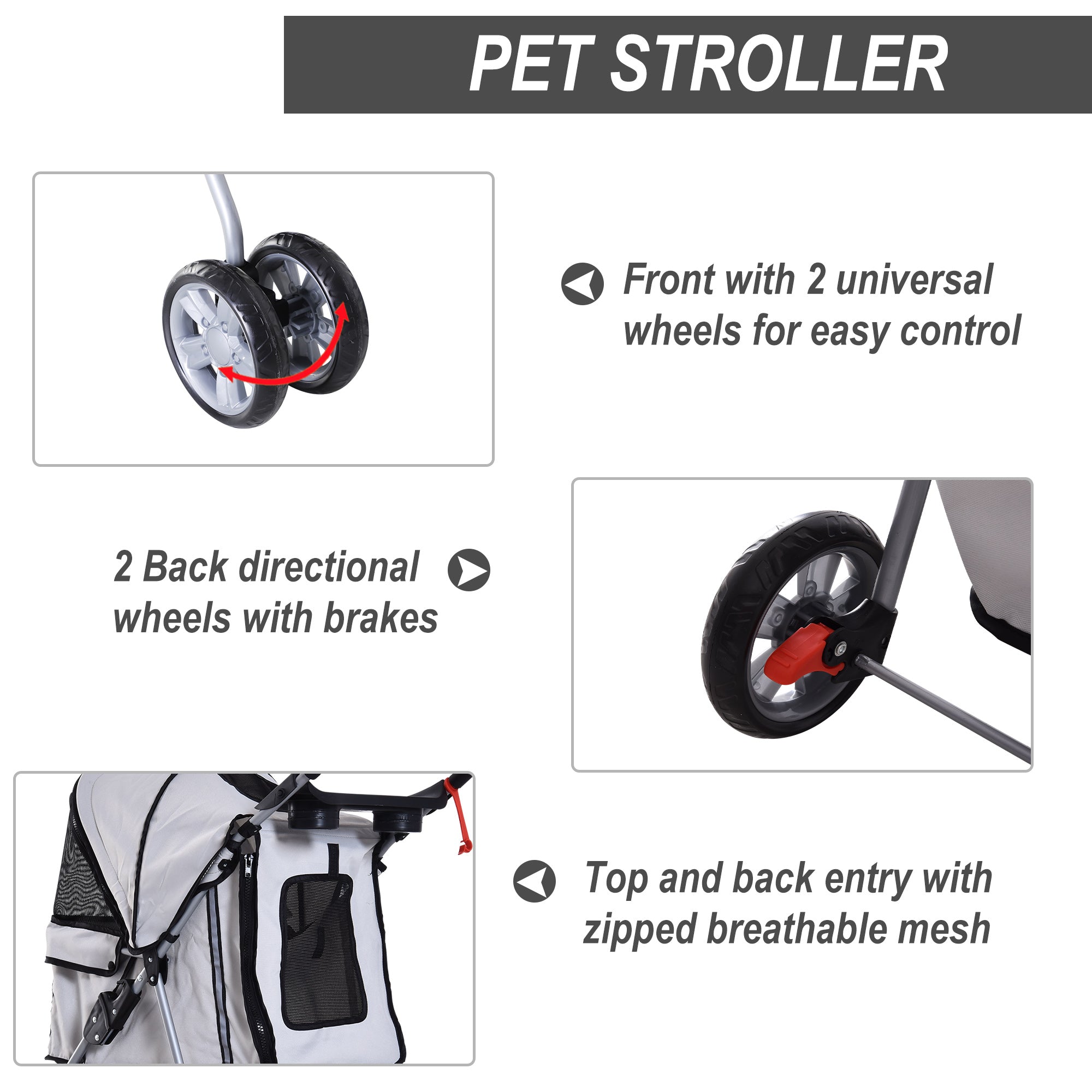 Dog Pram Pet Stroller Dog Pushchair Foldable Travel Carriage with Wheels Zipper Entry Cup Holder Storage Basket Grey