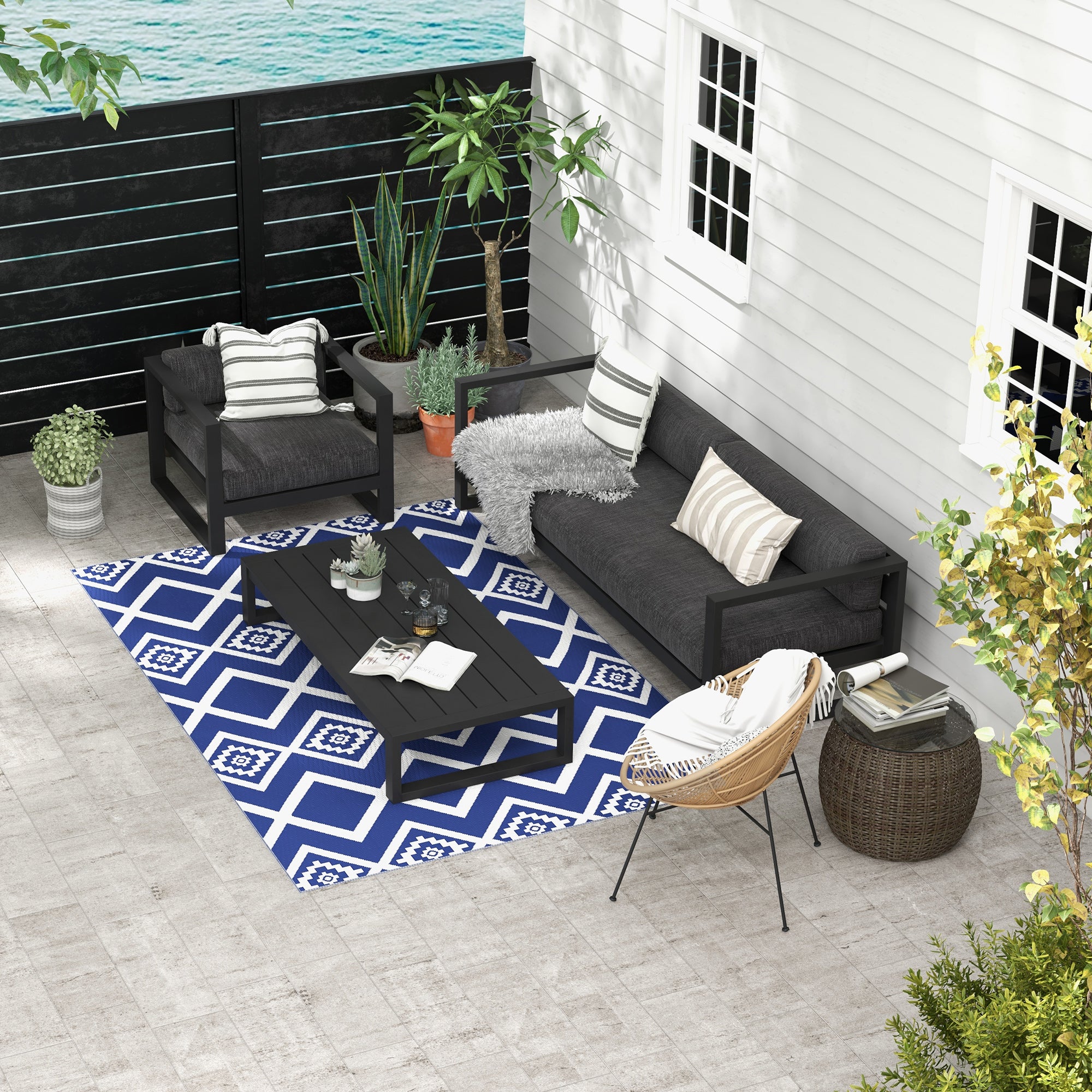 Plastic Straw Reversible RV Outdoor Rug with Carry Bag, 182 x 274cm, Blue and White