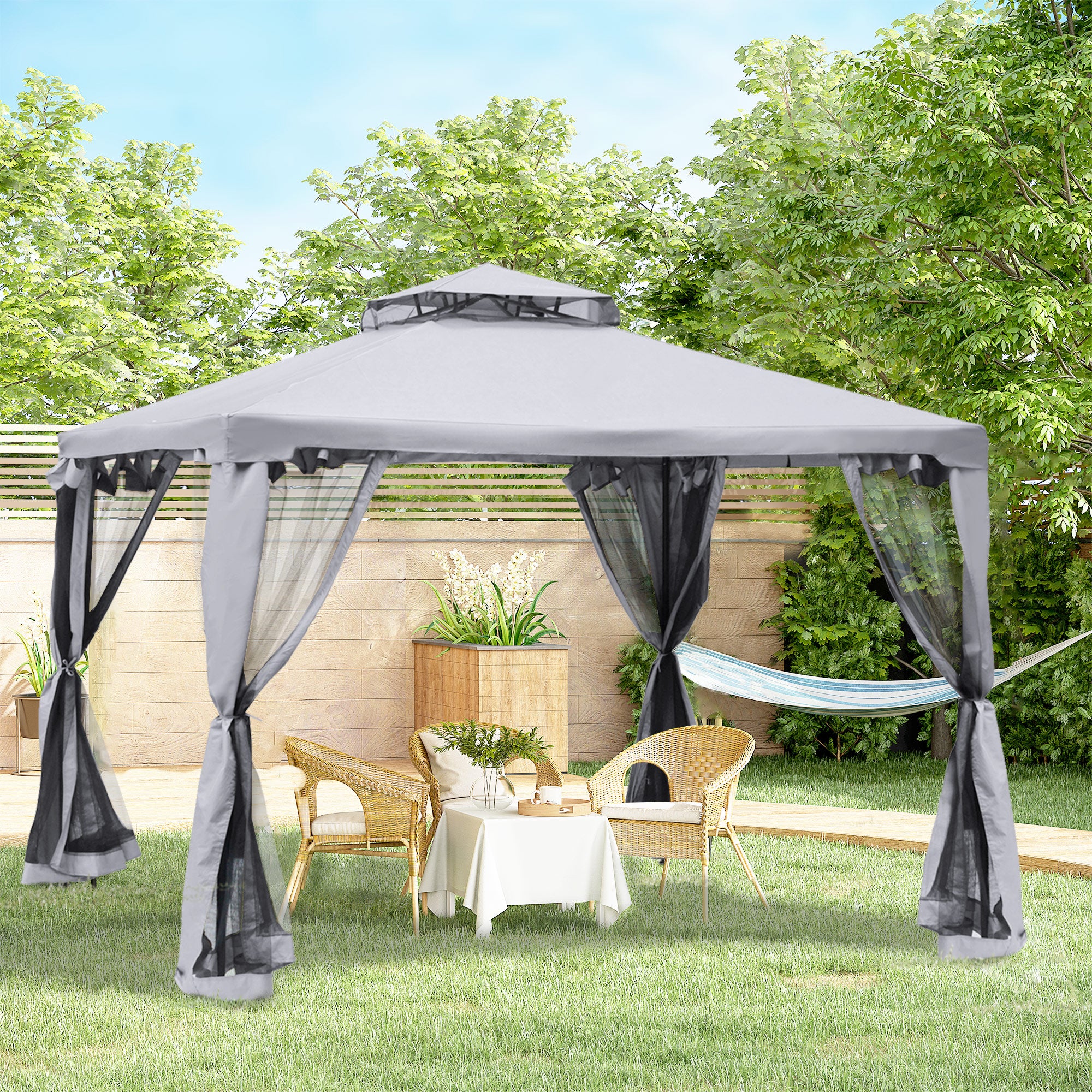 3 x 3 Meter Metal Gazebo Garden Outdoor 2-tier Roof Marquee Party Tent Canopy Pavillion Patio Shelter with Netting - Grey