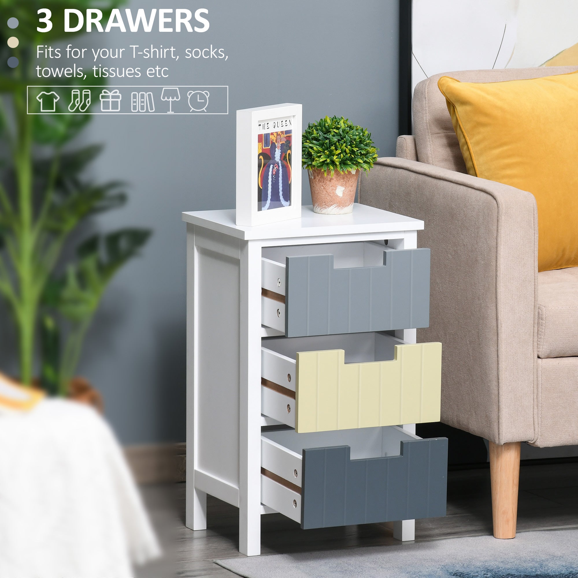 3 Drawer Storage Tower, Dresser Chest with Wood Top, Organizer Unit for Closets Bedroom Nursery Room Hallway