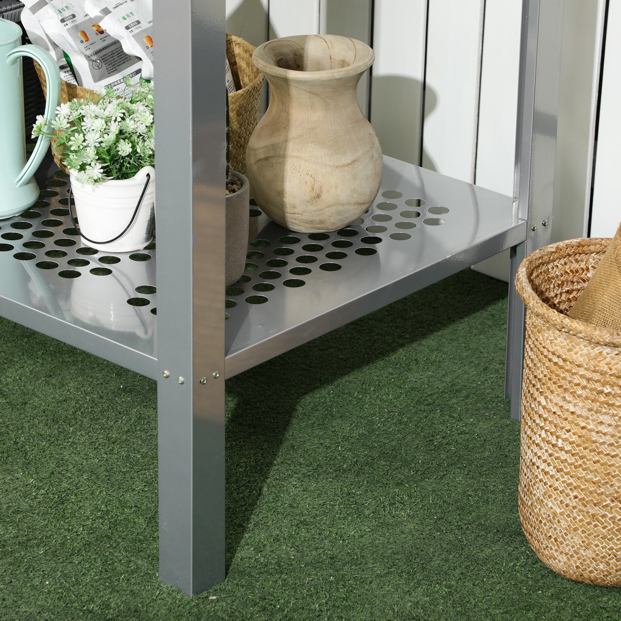 2 Tier Galvanised Steel Plant Stand with Mesh Shelves - Silver