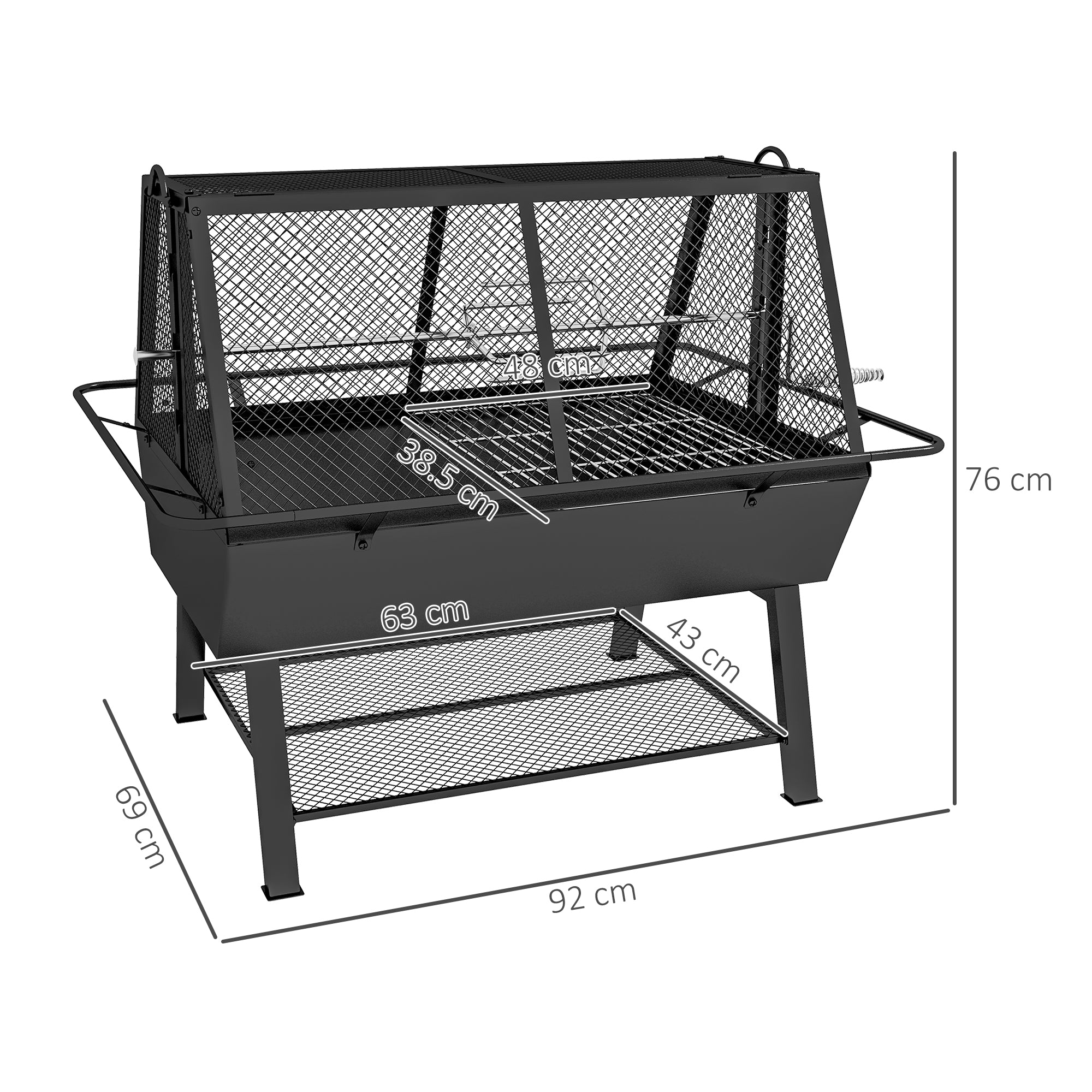 3-in-1 Charcoal Barbecue Grill, Rotisserie Roaster, Fire Pit with Storage Shelf and Mesh Lid