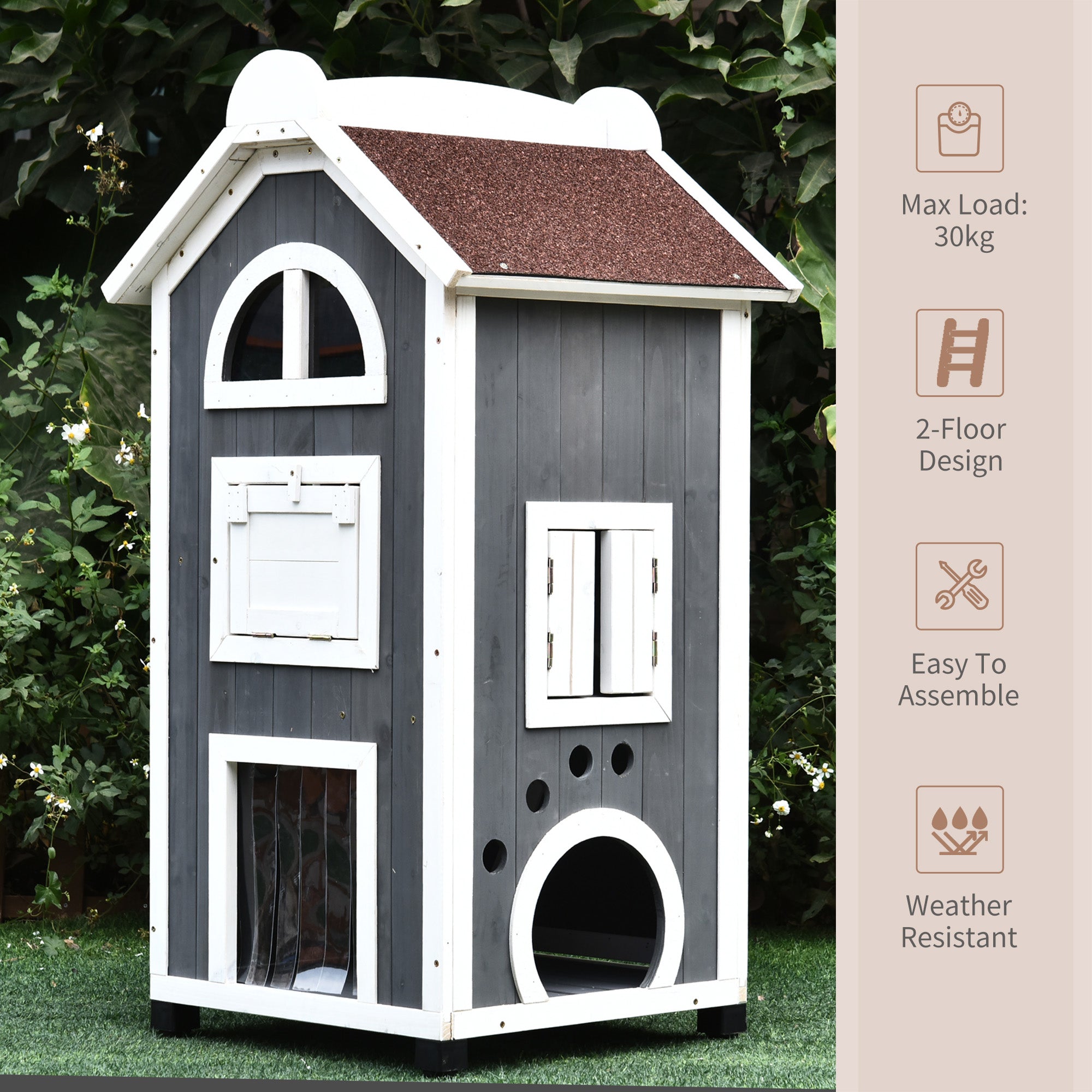 Wooden Cat House, Weatherproof Pet Shelter, Outdoor Cat Condos Cave, 2 Floor Furniture, Grey and White