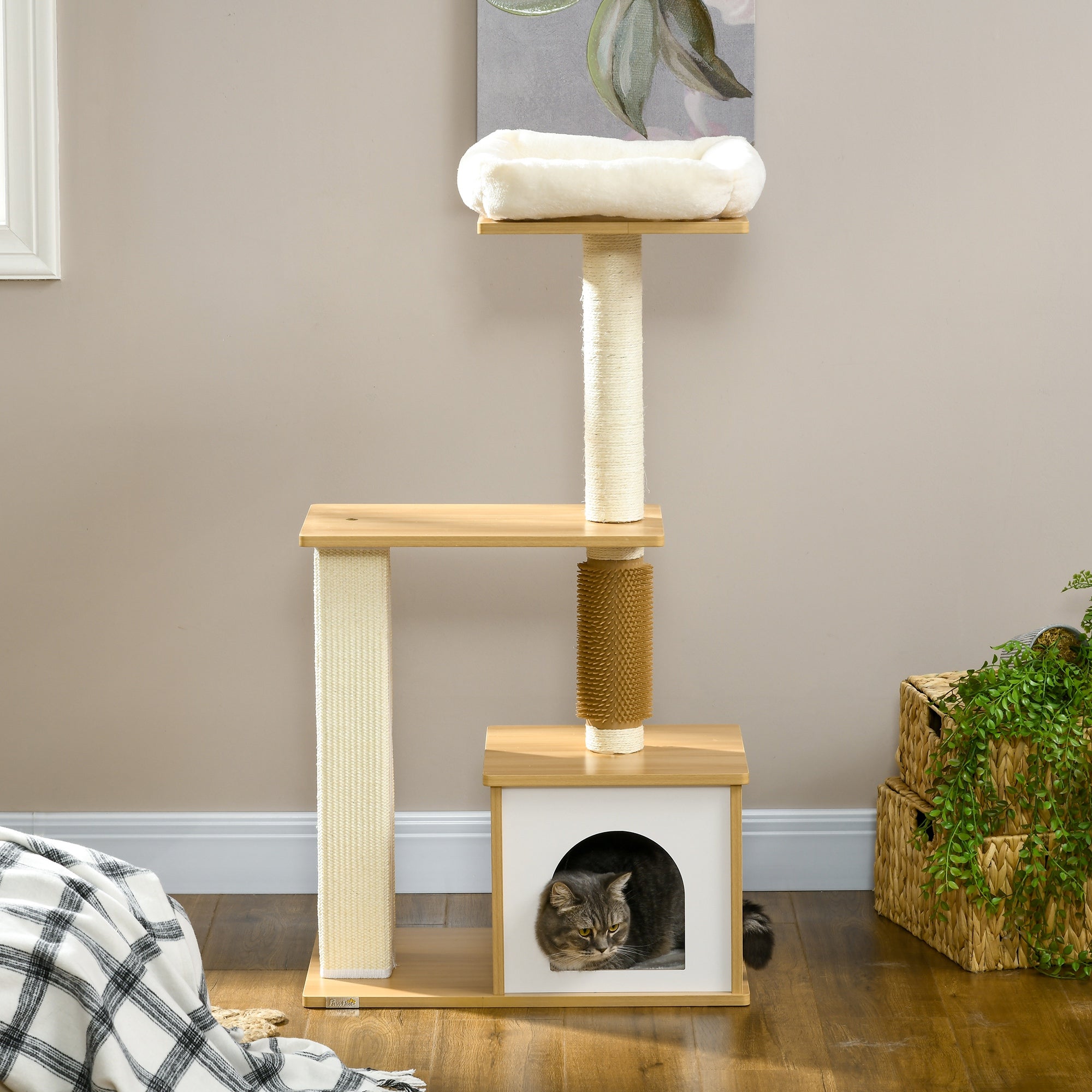 Cat Tree with Scratching Posts, Cat House, Cat Bed, Perches, 59.5 x 39.5 x 114 cm, Oak Tone