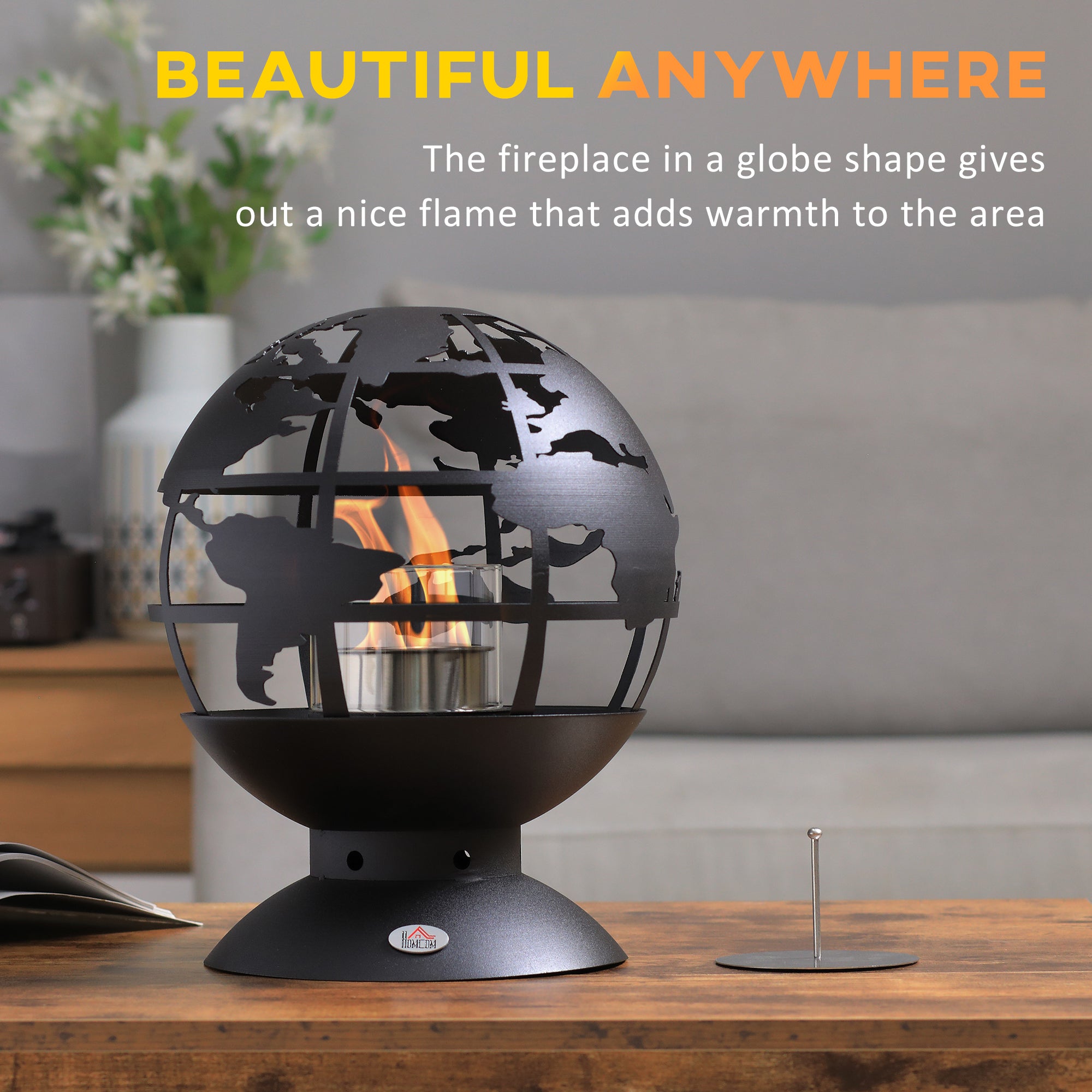 Globe Shape Tabletop Fireplace, Portable Metal Bioethanol Fireplace with Lid and 0.4L Tank, 1.5 Hour Burning Time for Liquid Alcohol, Black