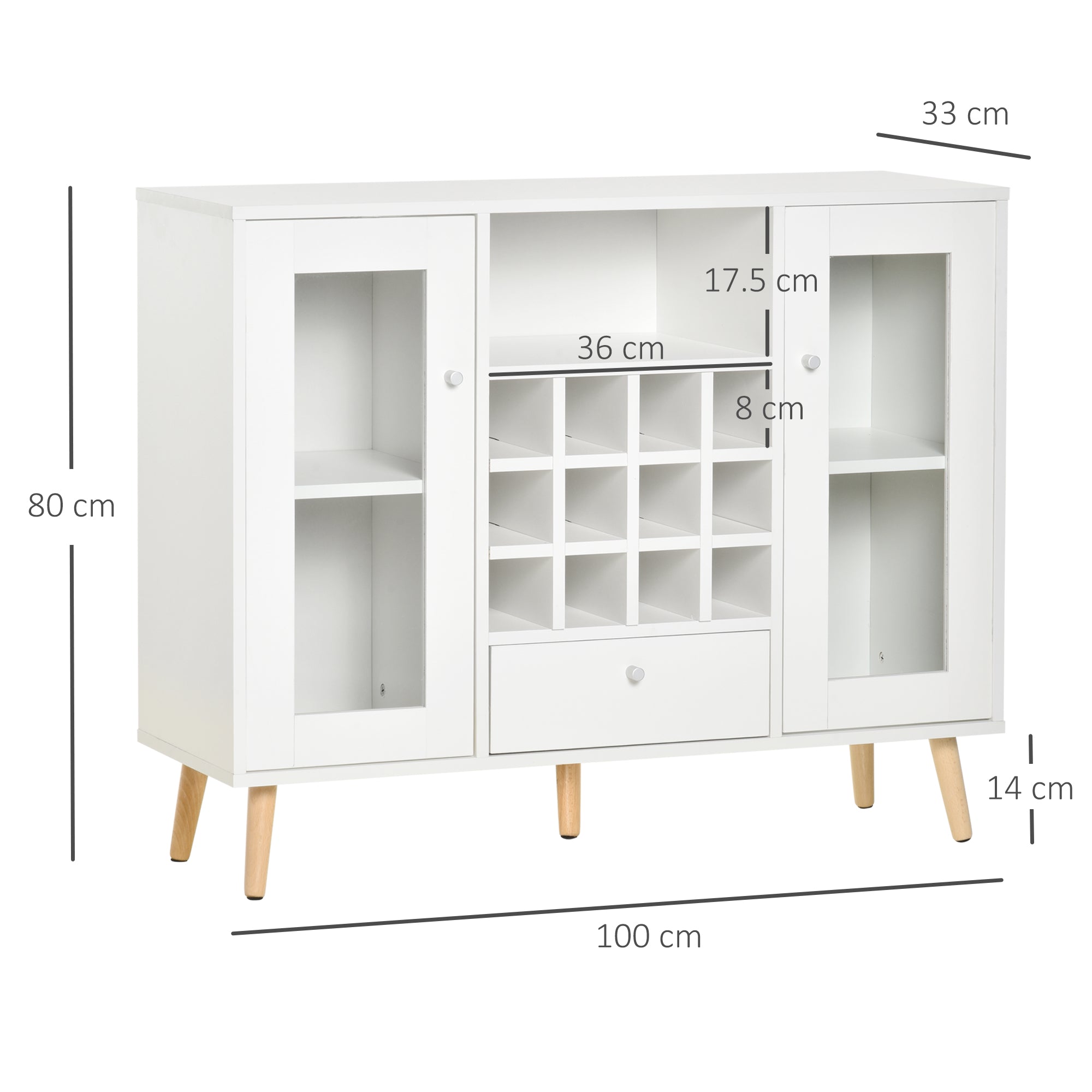 Modern Sideboard Storage Cabinet Kitchen Cupboard Dining Bar Server with Glass Doors, Drawer & 12-Bottle Wine Rack for Living Room, White