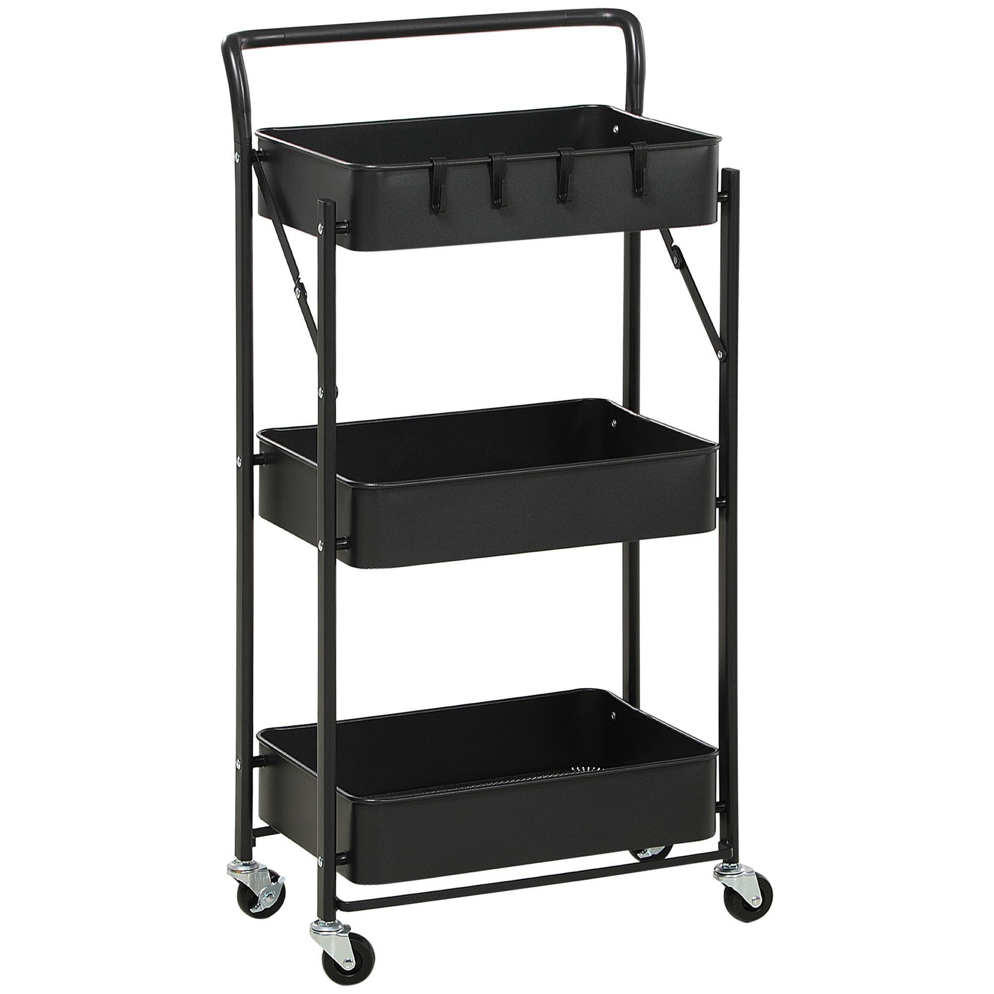 3 Tier Storage Trolley Cart, Foldable Rolling Utility Cart with 3 Mesh Baskets, 4 Removable Hooks for Living Room, Laundry and Kitchen, Black