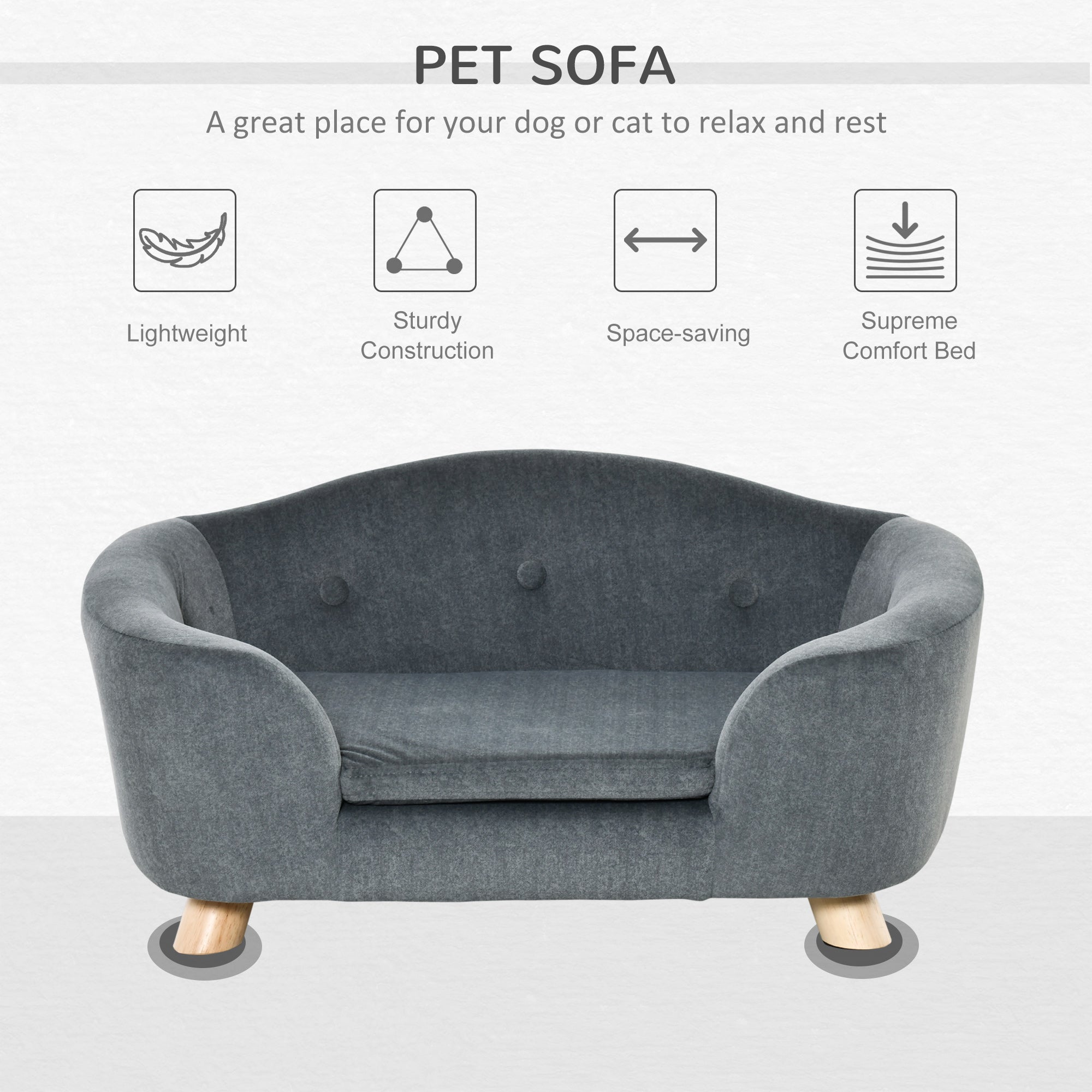 Pet Sofa, Dog Bed Couch, Puppy Kitten Lounge, with Wooden Frame, Short Plush Cover, Washable Cushion, for Small Dog, 70 x 47 x 30 cm, Grey