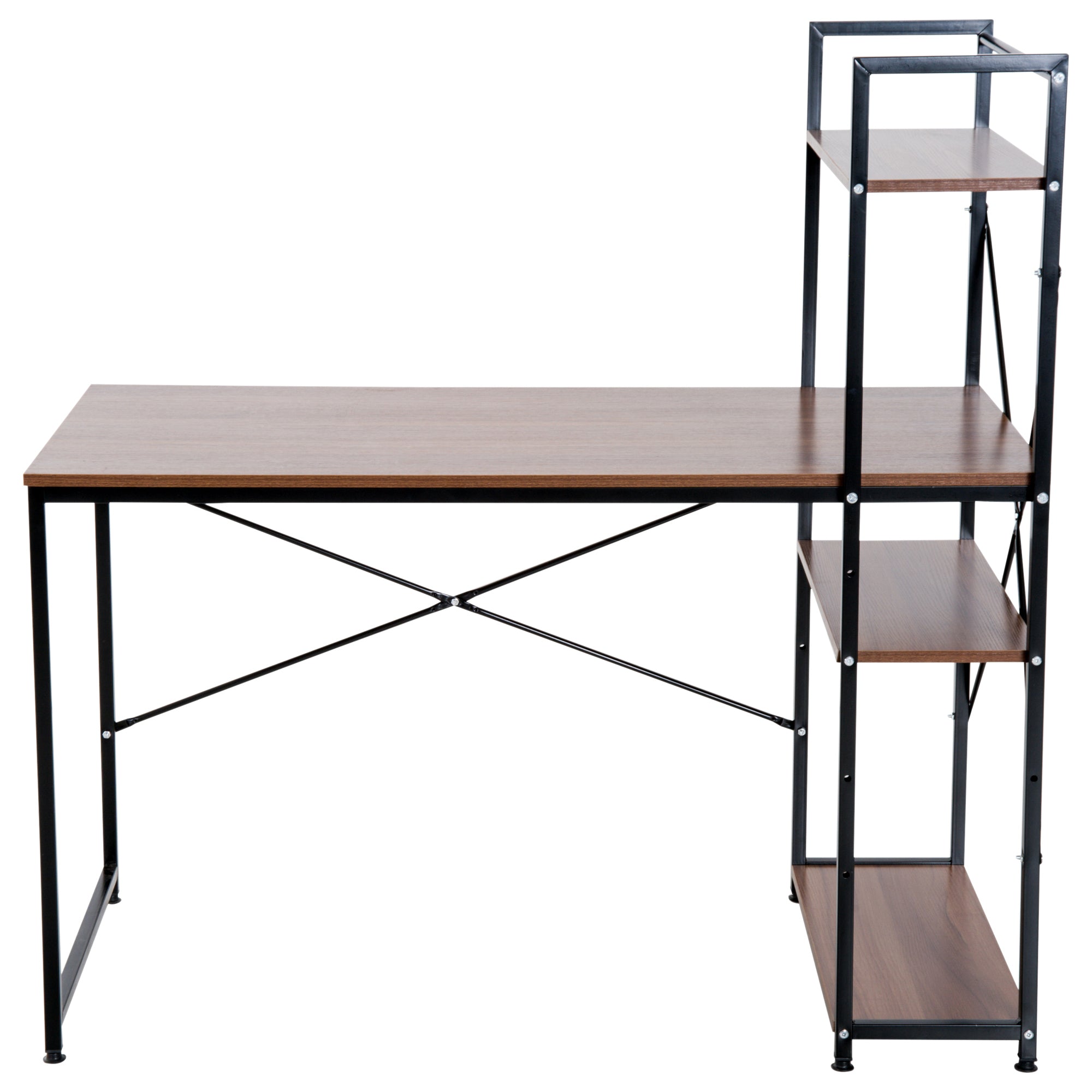 Computer Desk PC Table Study Workstation Home Office with 4-tier Bookshelf Storage Metal Frame Wooden Top (Walnut & Black)