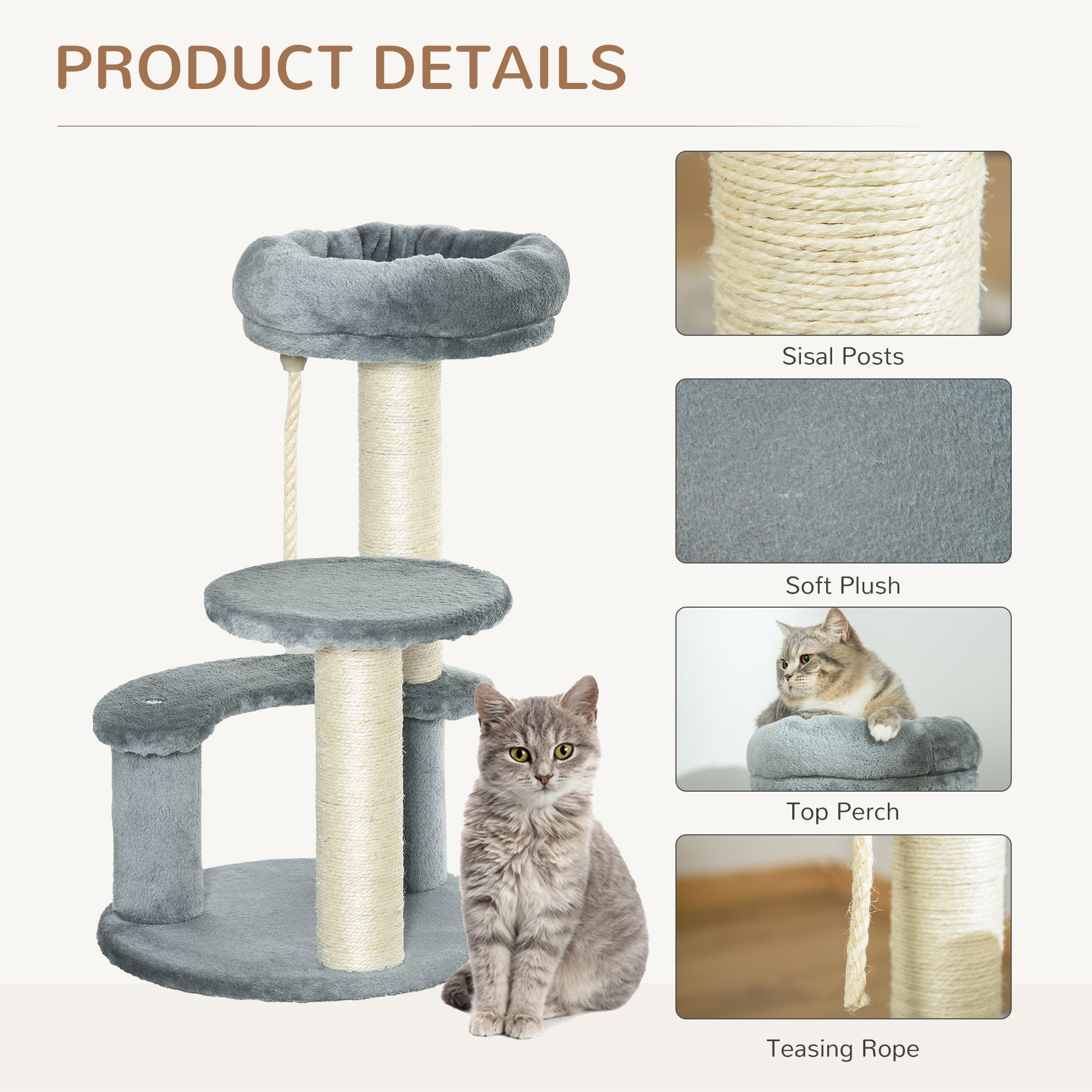 65 cm Cat Tree Kitty Scratcher Kitten Activity Center Scratching Post Playhouse 2 Perch w/Hanging Sisal Rope Grey