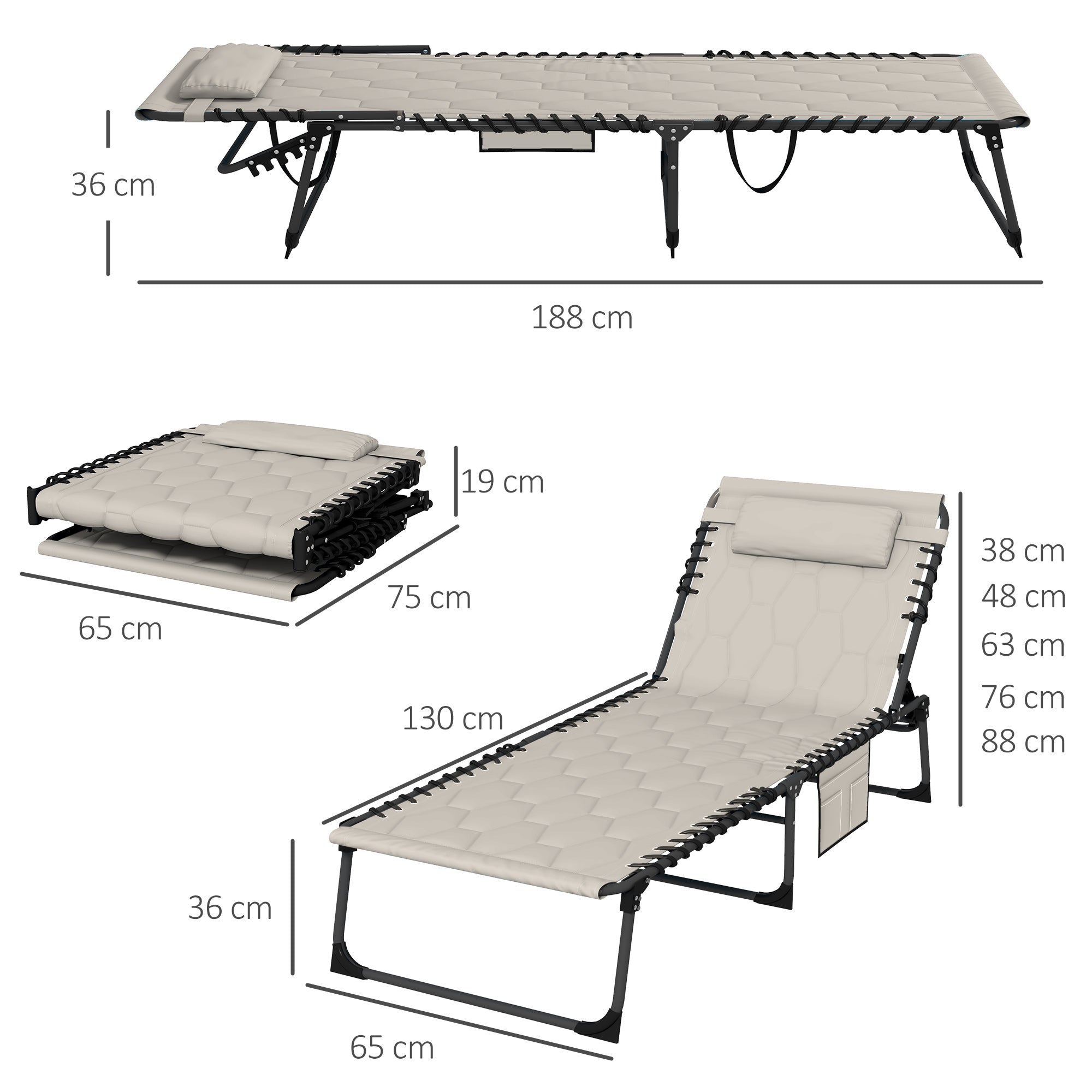 Foldable Sun Lounger Set with 5-level Reclining Back, Outdoor Tanning Chairs with Build-in Padded Seat, Outdoor Sun Loungers with Side Pocket, Headrest for Beach, Yard, Patio, Khaki