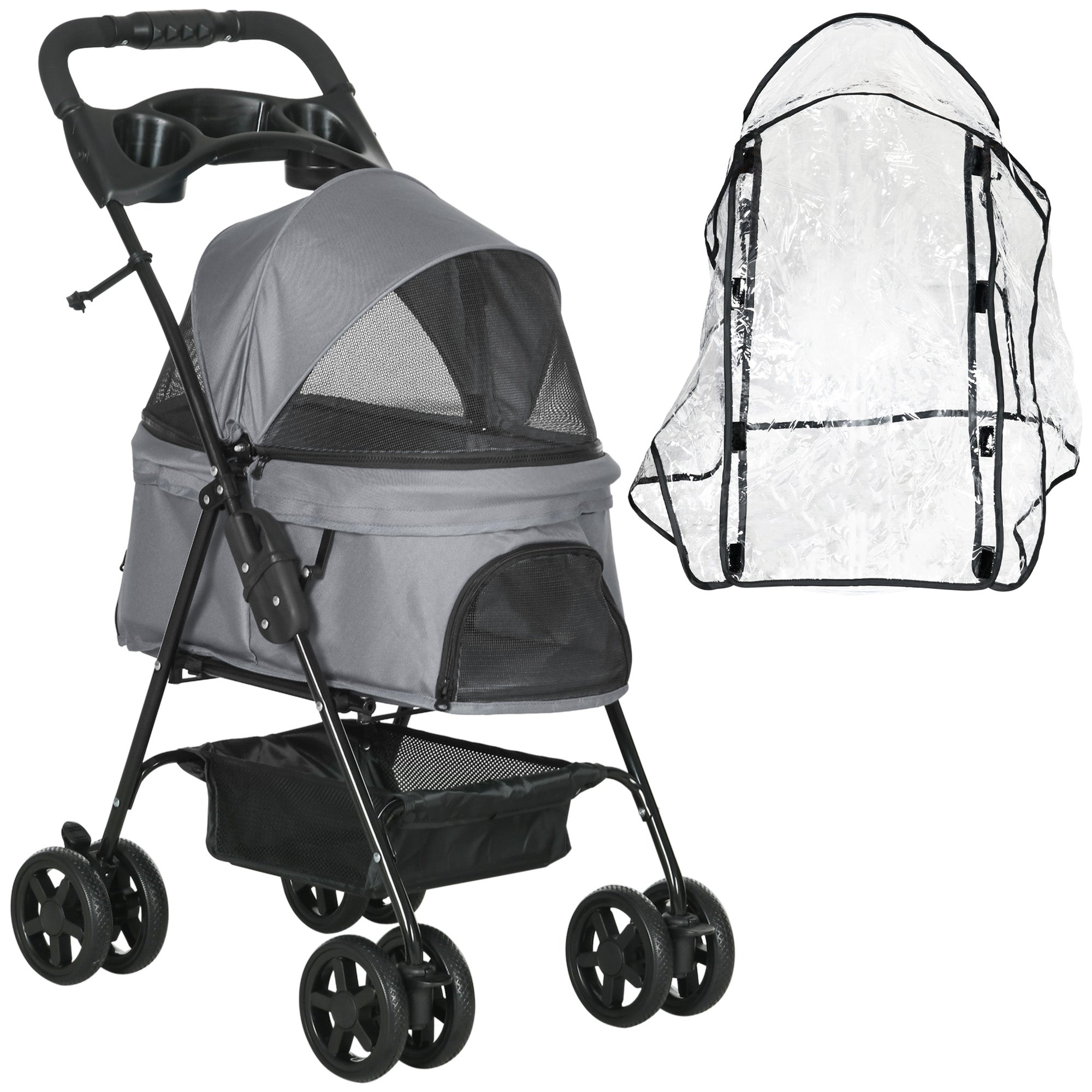 Dog Stroller w/ Rain Cover, Dog Pushchair One-Click Fold Trolley Jogger w/ Wheels, Basket, Adjustable Canopy, Safety Leash for Small Dogs, Grey