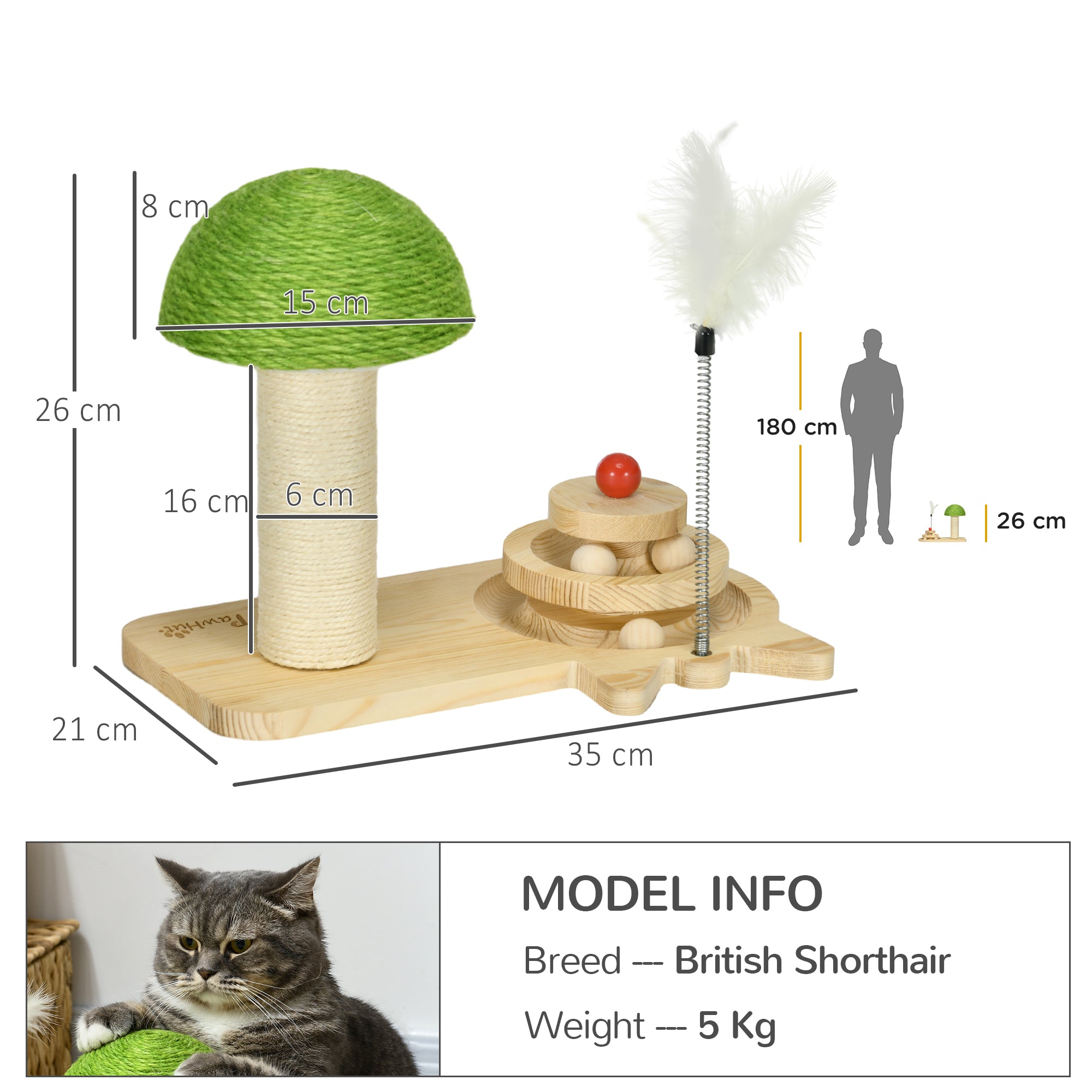 Mushroom-Shaped Cat Scratching Post, with Toy Balls, Feather for Indoor Cats, 35 x 21 x 26cm - Natural Tone