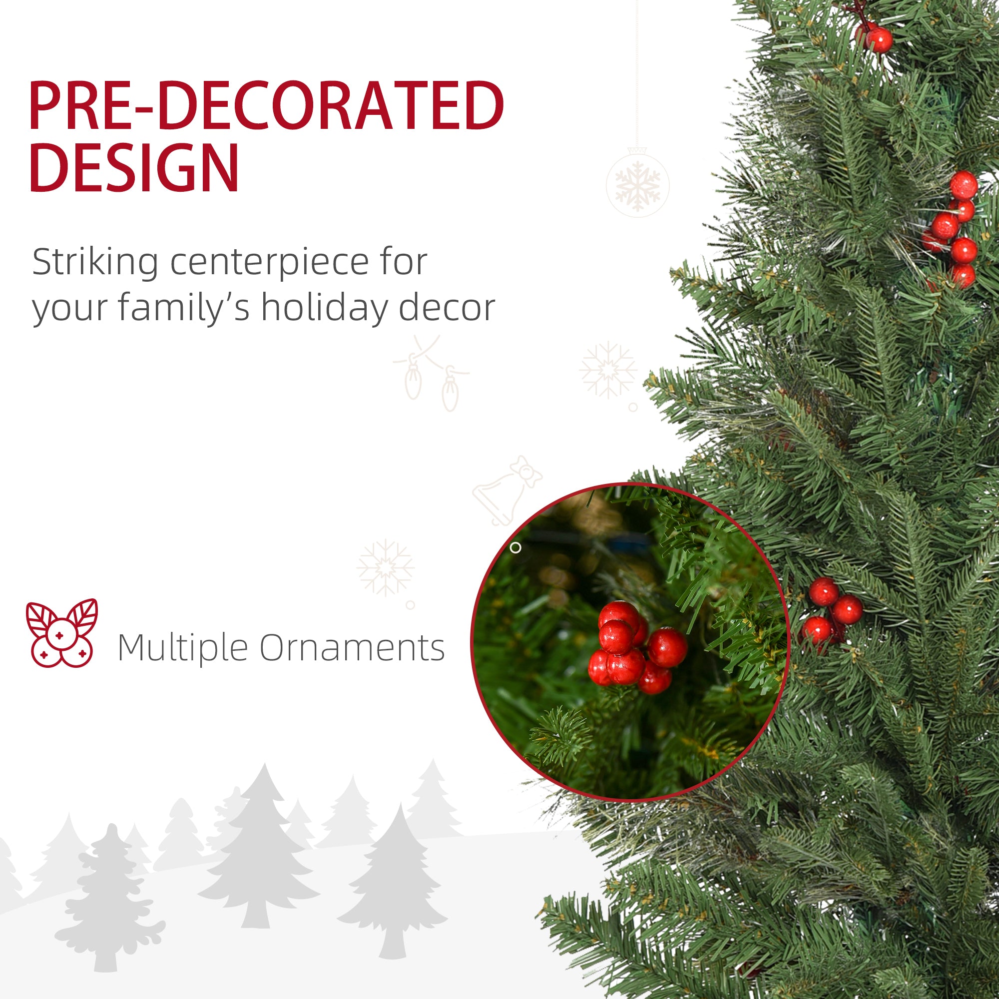 Pencil Artificial Christmas Tree with Realistic Branches, Red Berries, Auto Open, Green