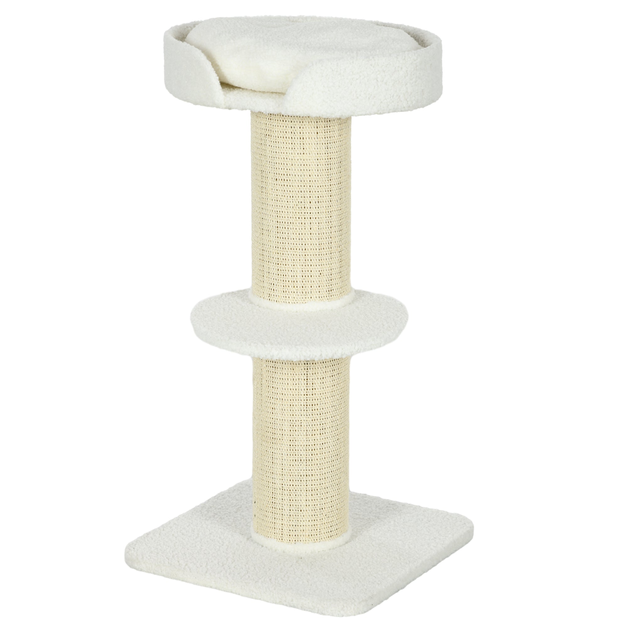 2 Tier Sisal Sherpa Cat Tree with Basket Cushion Sisal Post Cream White