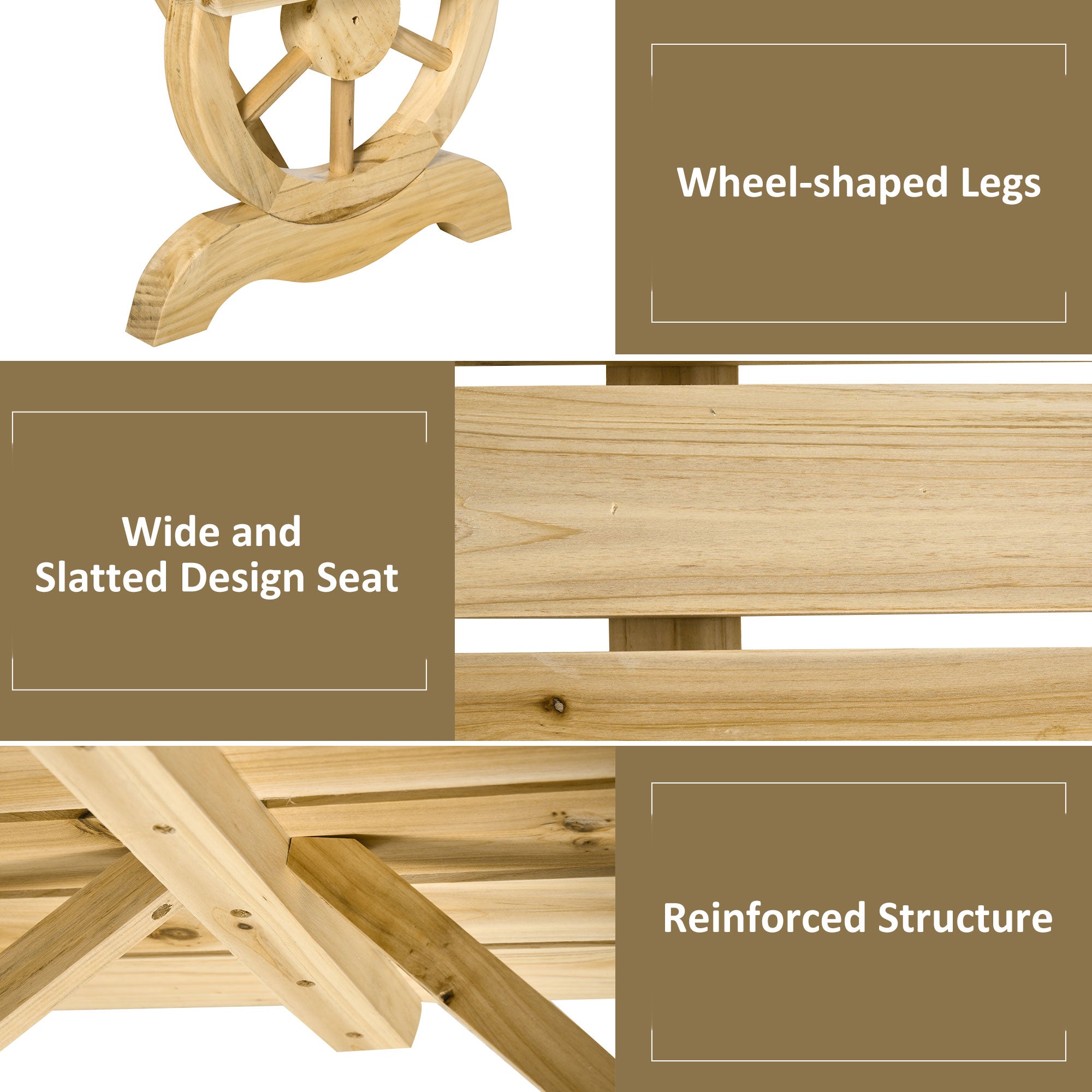 Rustic 2-Person Wooden Garden Bench with Wagon Wheel Legs Slatted Seat - Natural Wood Effect