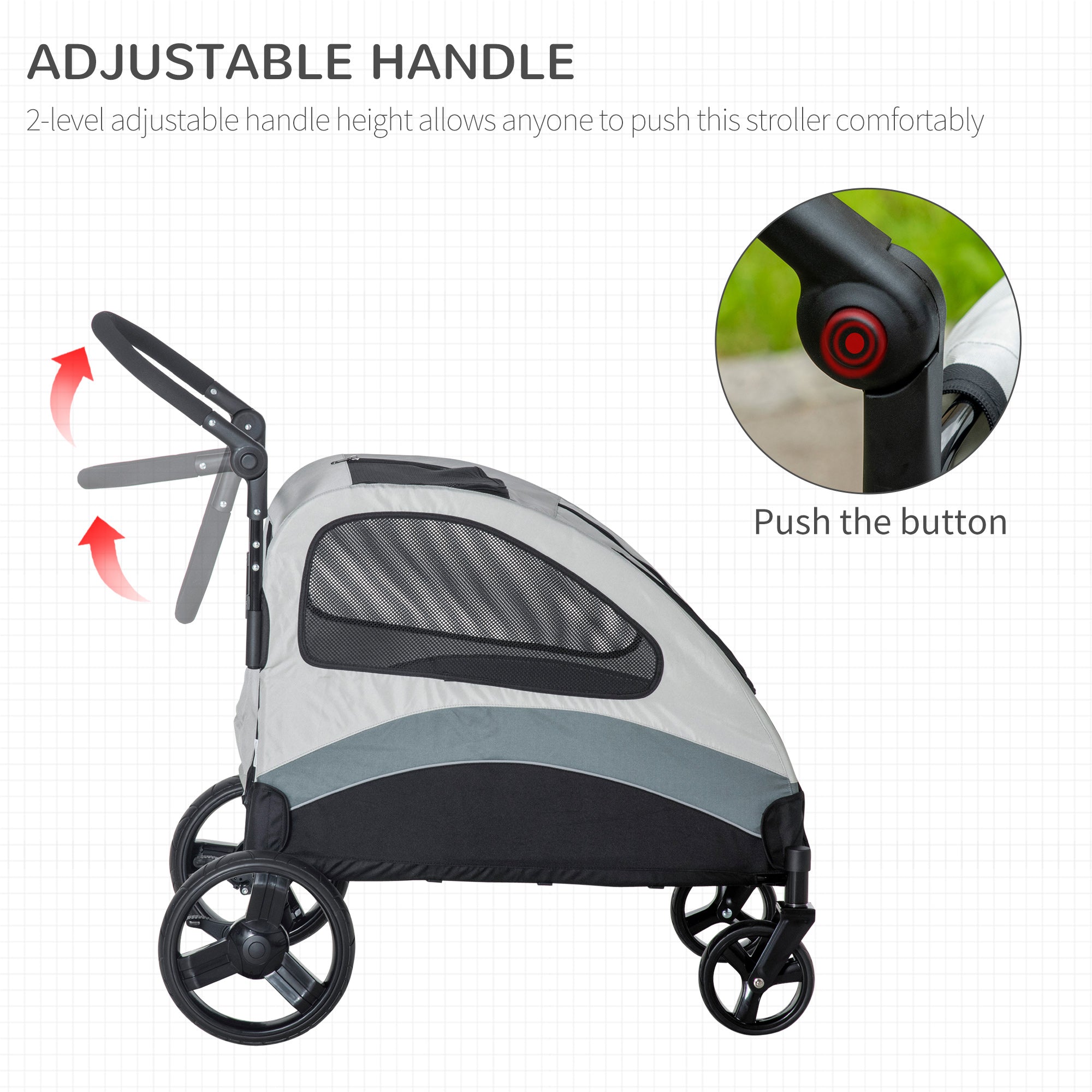 Pet Stroller for Medium Dogs Cat Pushchair Buggy Pram with 4 Wheels Safety Leash Zipper Doors Mesh Windows Storage Bag, Grey