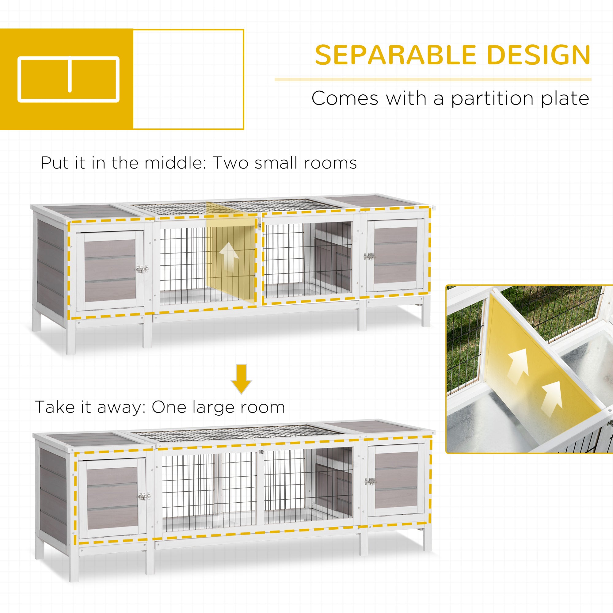 Wooden Rabbit Hutch, Guinea Pig Cage, Separable Bunny Run, Small Animal House for Indoor with Slide-out Tray, 161 x 50.5 x 53.3cm, Grey