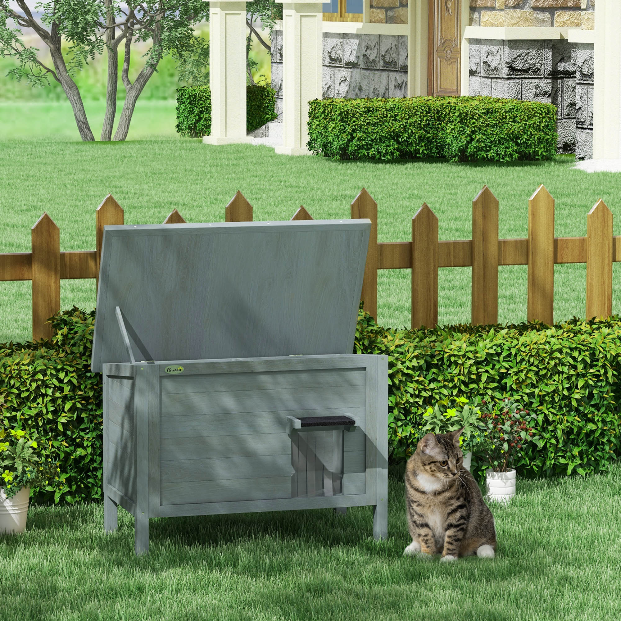 Outdoor Cat House Wooden Insulated with Removable Floor, Waterproof Openable Roof - Charcoal Grey