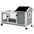 Wooden Rabbit Hutch with Removable Tray and Wheels for Guinea Pigs - Grey