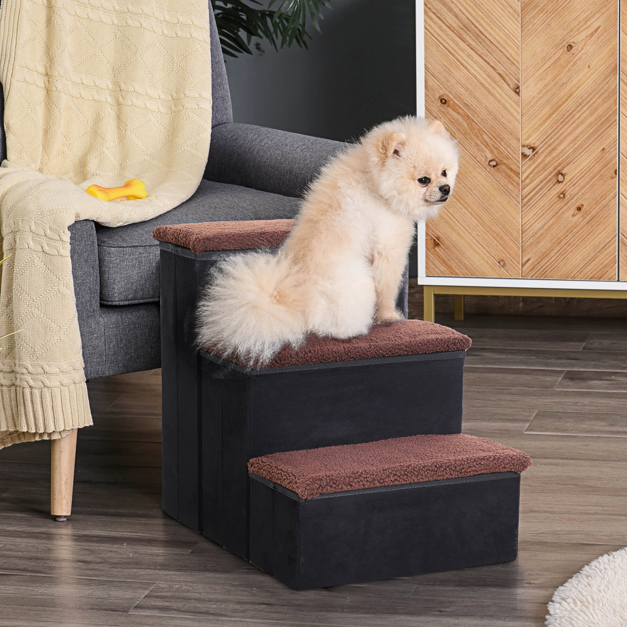 3 Step Pet Stairs Foldable Portable Mobility Assistance w/ Washable Fleece Cover 41x19cm Black