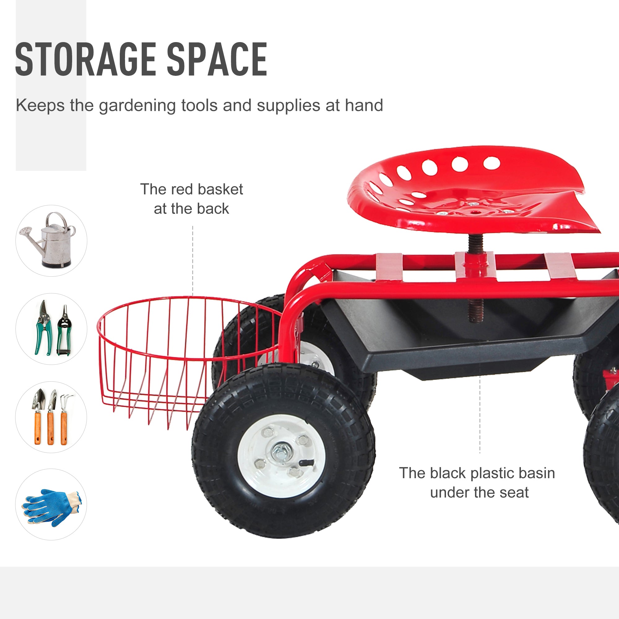 Adjustable Rolling Garden Cart Outdoor Garden Planting Station Trolley Swivel Gardener Work Seat Heavy Duty w/ Tool Tray & Basket Red 150kg