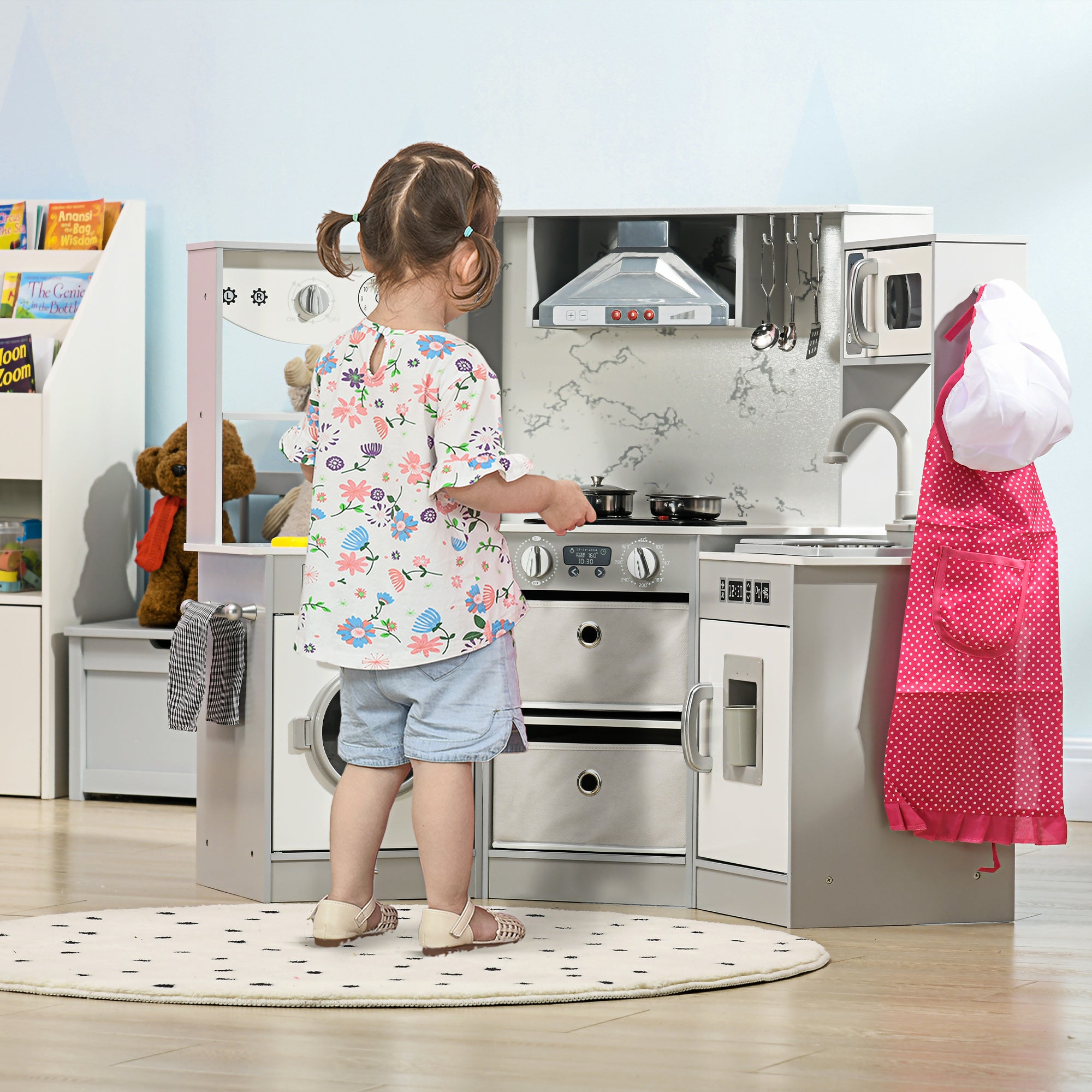 Toy Kitchen with Running Water, Lights Sounds, Apron and Chef Hat, Water Dispenser, for 3-6 Years Old - Grey