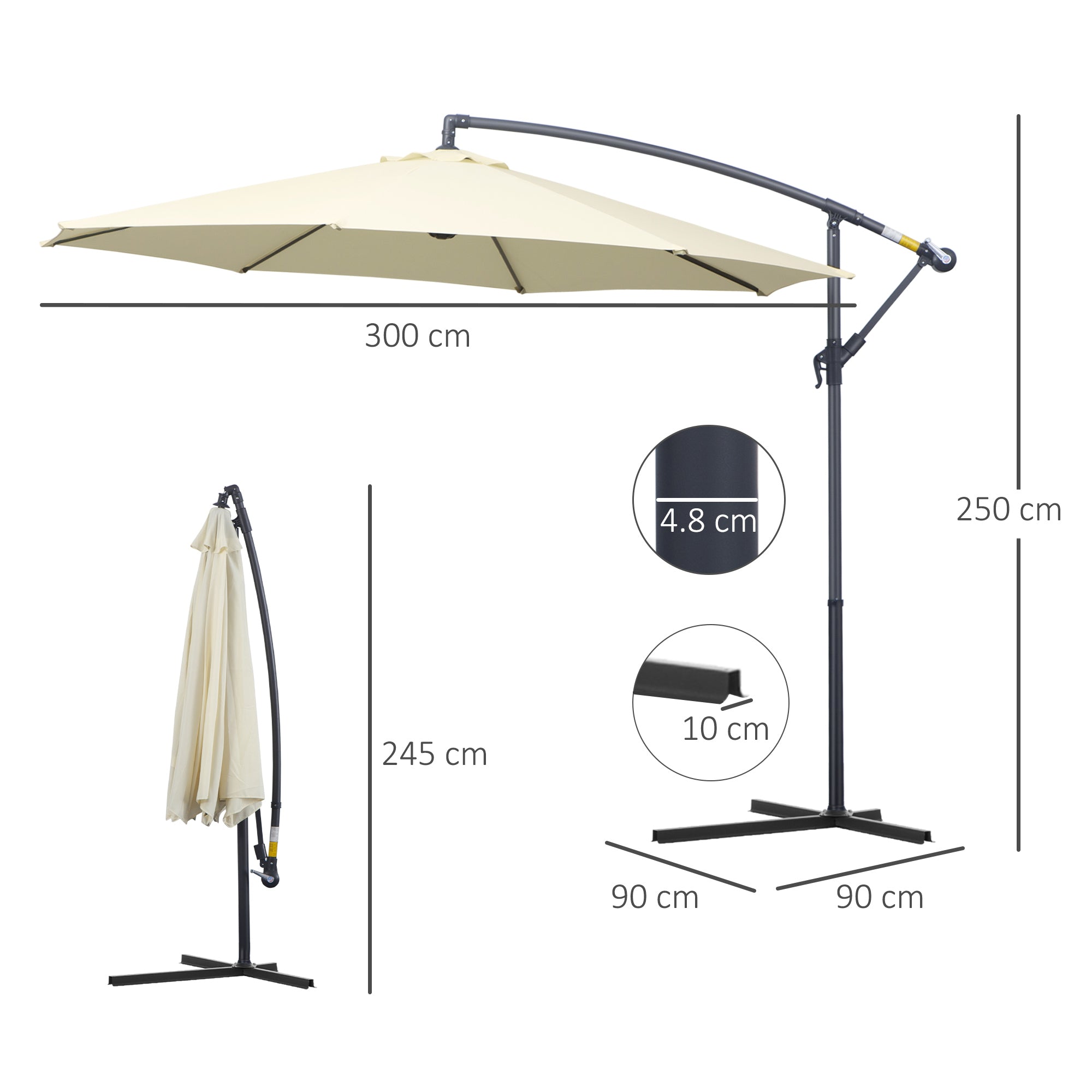 3(m) Garden Cantilever Parasol Patio Banana Hanging Umbrella Sun Shade with Crank & Tilt, 8 Ribs and Cross Base, Cream White