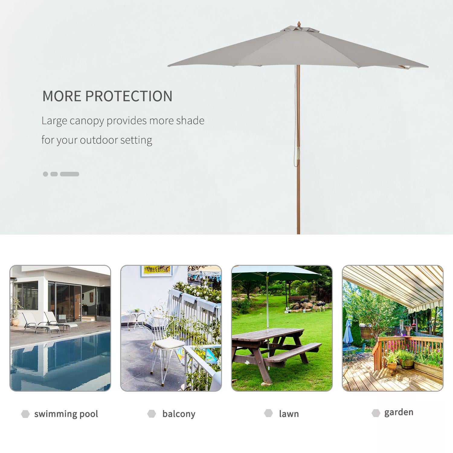 3m Fir Wooden Garden Parasol Bamboo Sun Shade Patio Umbrella Canopy - Grey