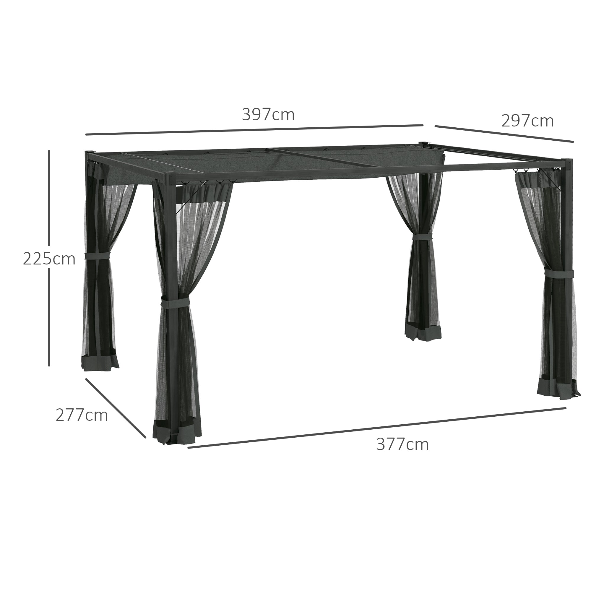 Set of 3 Retractable Pergola Gazebo with Nettings for Outdoor Shade - Dark Grey