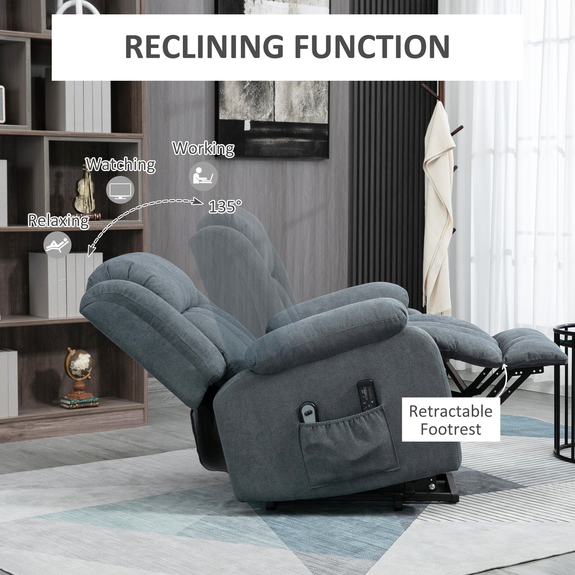 Oversized Riser and Recliner Chairs for the Elderly, Heavy Duty Fabric Upholstered Lift Chair w/ Remote Control, Side Pocket, Dark Grey