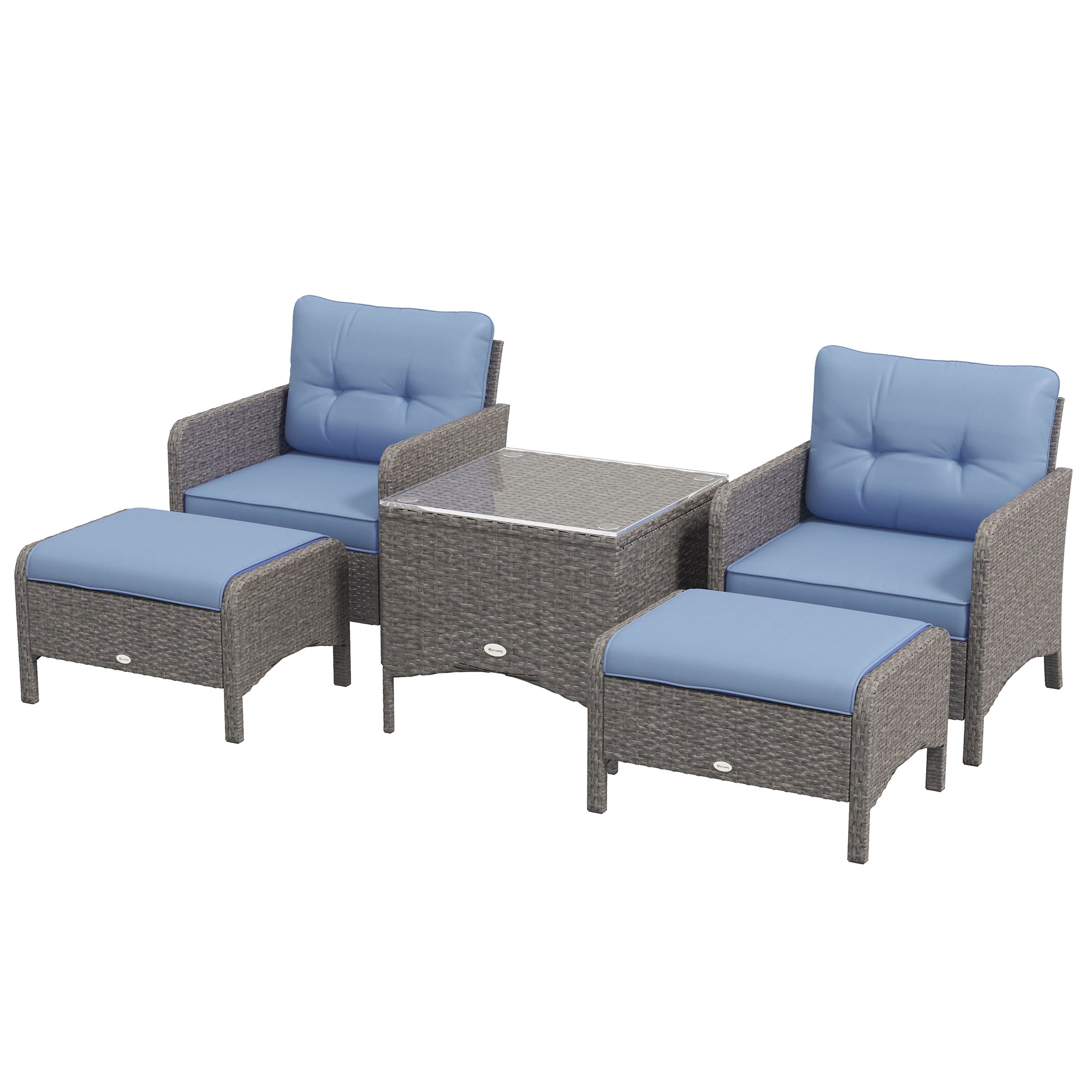 5 Pieces PE Rattan Garden Furniture Set, Wicker Outdoor Sofa Set w/ 2 Armchairs 2 Stools Glass Top Table Cushions, Blue