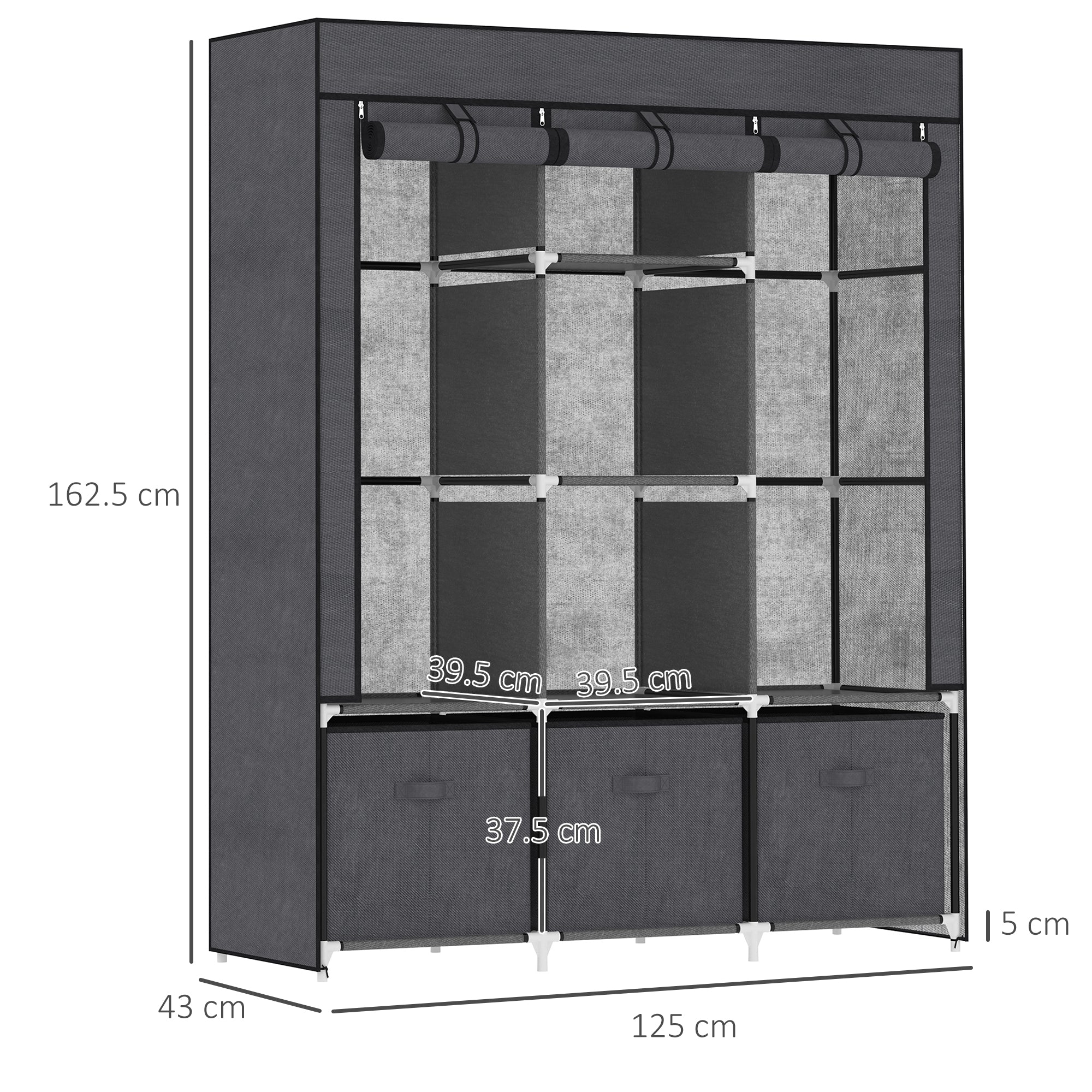 Fabric Wardrobe, Portable Wardrobe with 5 Shelves, 2 Hanging Rails and 3 Fabric Drawers, Foldable Closets, 125 x 43 x 162.5cm, Dark Grey