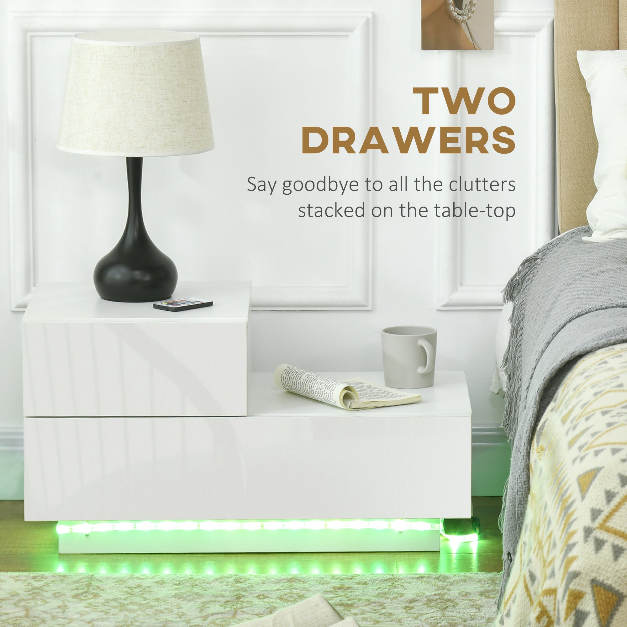 High Gloss Front Bedside Cabinets with Drawers, Nightstand with RGB LED Light and Remote for Bedroom Living Room White