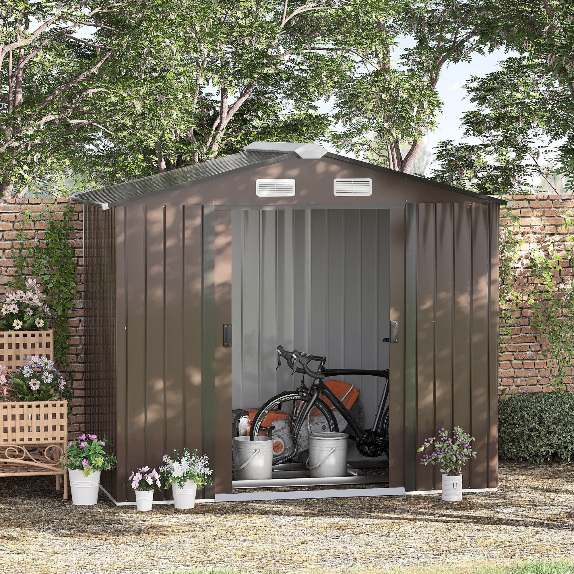 7ft x 4ft Lockable Garden Metal Storage Shed Large Patio Roofed Tool Storage Building Foundation Sheds Box Outdoor Furniture, Brown