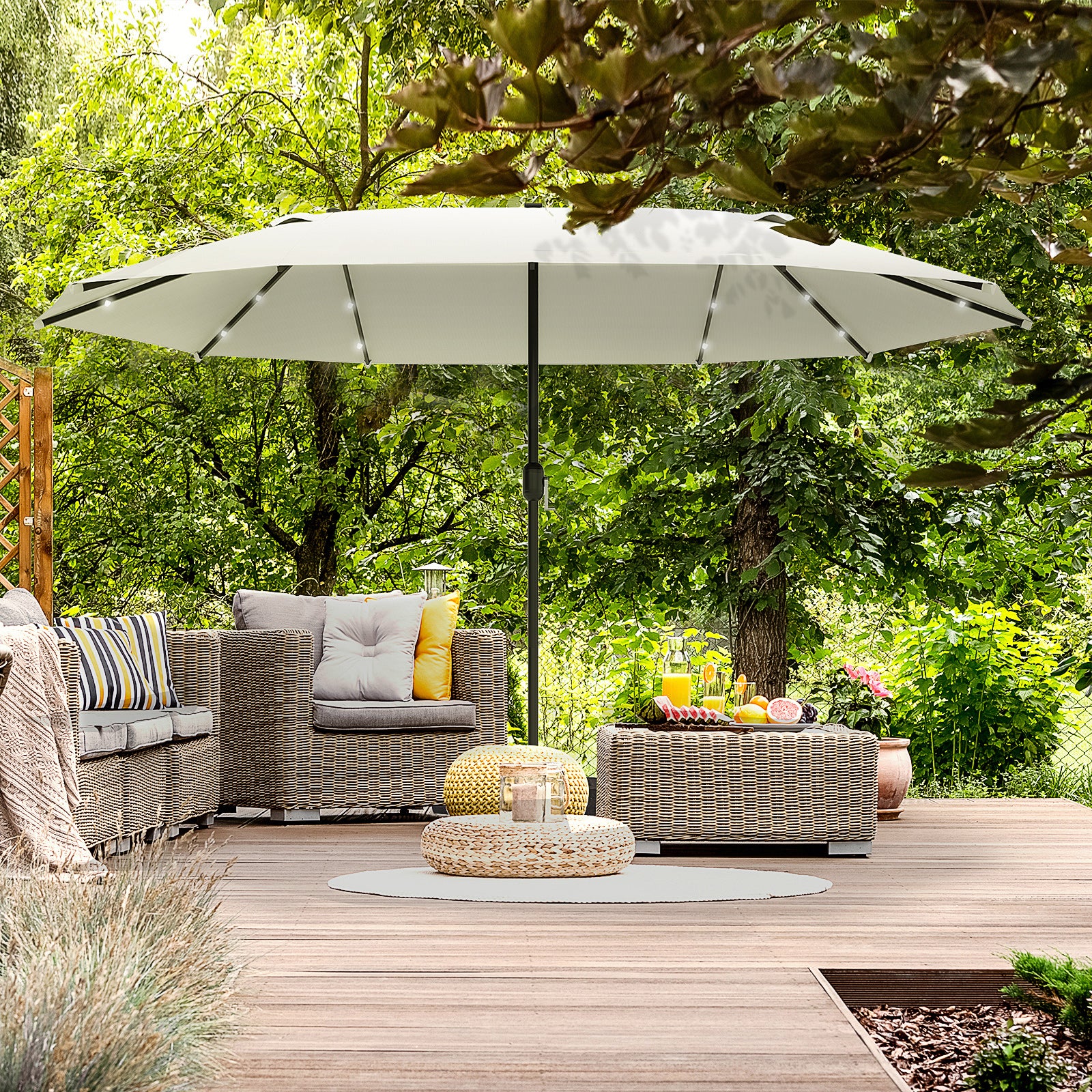 4.4m Double-Sided Garden Parasol with LED Solar Lights - Cream White