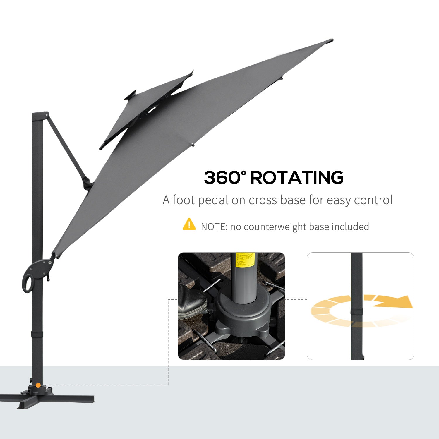 3 x 3(m) Cantilever Roma Parasol Garden Sun Umbrella Outdoor Patio with LED Solar Light Cross Base 360° Rotating for Backyard Dark Gray