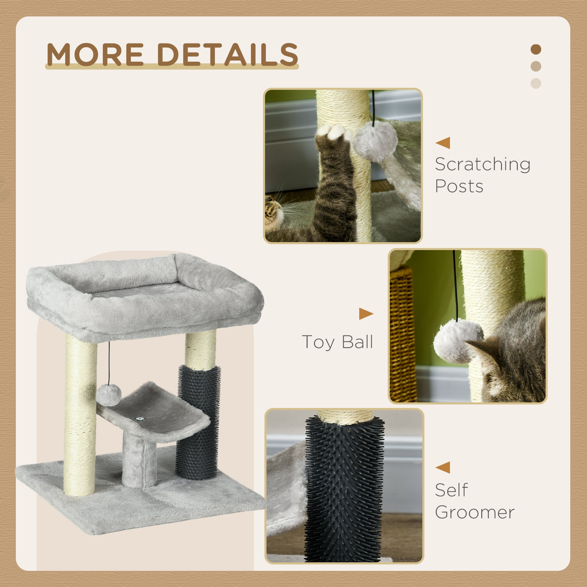 48cm Cat Tree, Cat Tower with Cat Self Groomer Cat Scratching Post with Hanging Ball, Self Groomer and Perches, Grey