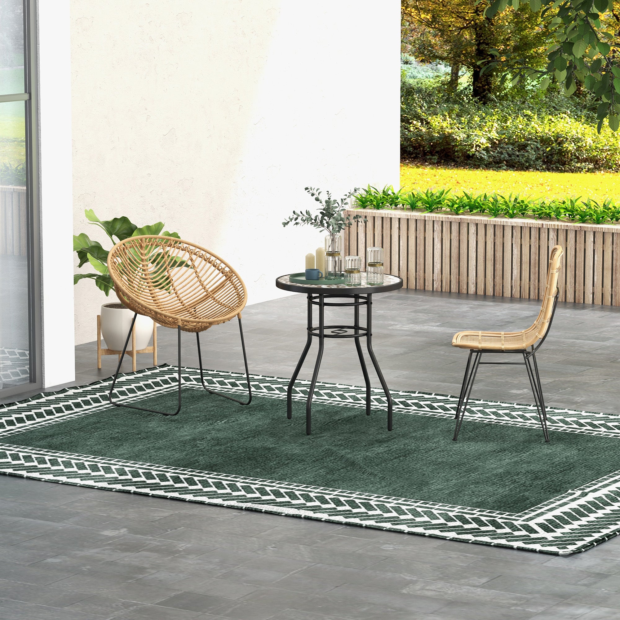 Tempered Glass Top Garden Table with Printed Design and Steel Frame 60x70cm - Tan Brown